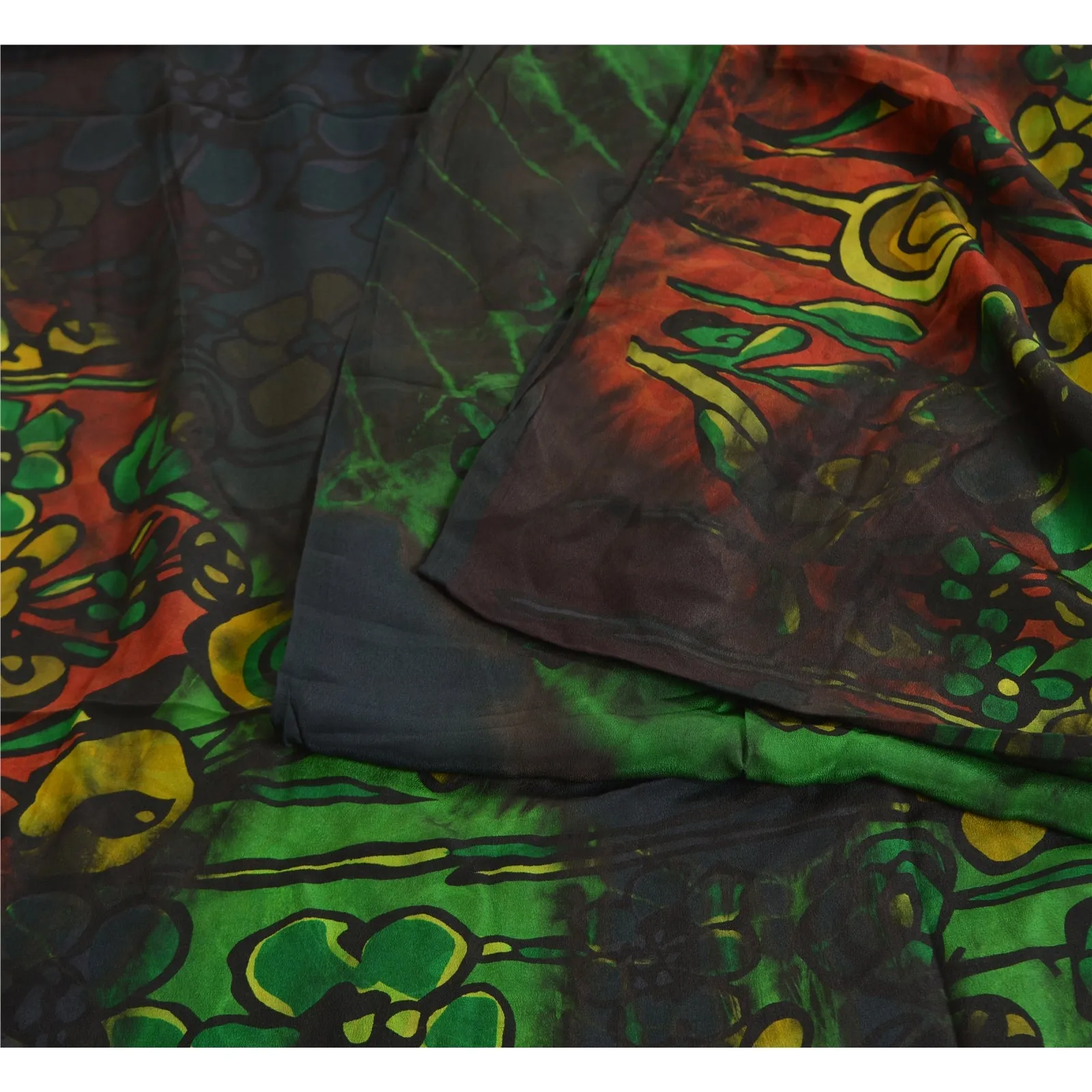 Sanskriti Vintage Sarees Black/Green Tie-Dye Pure Crepe Silk Sari Craft Fabric