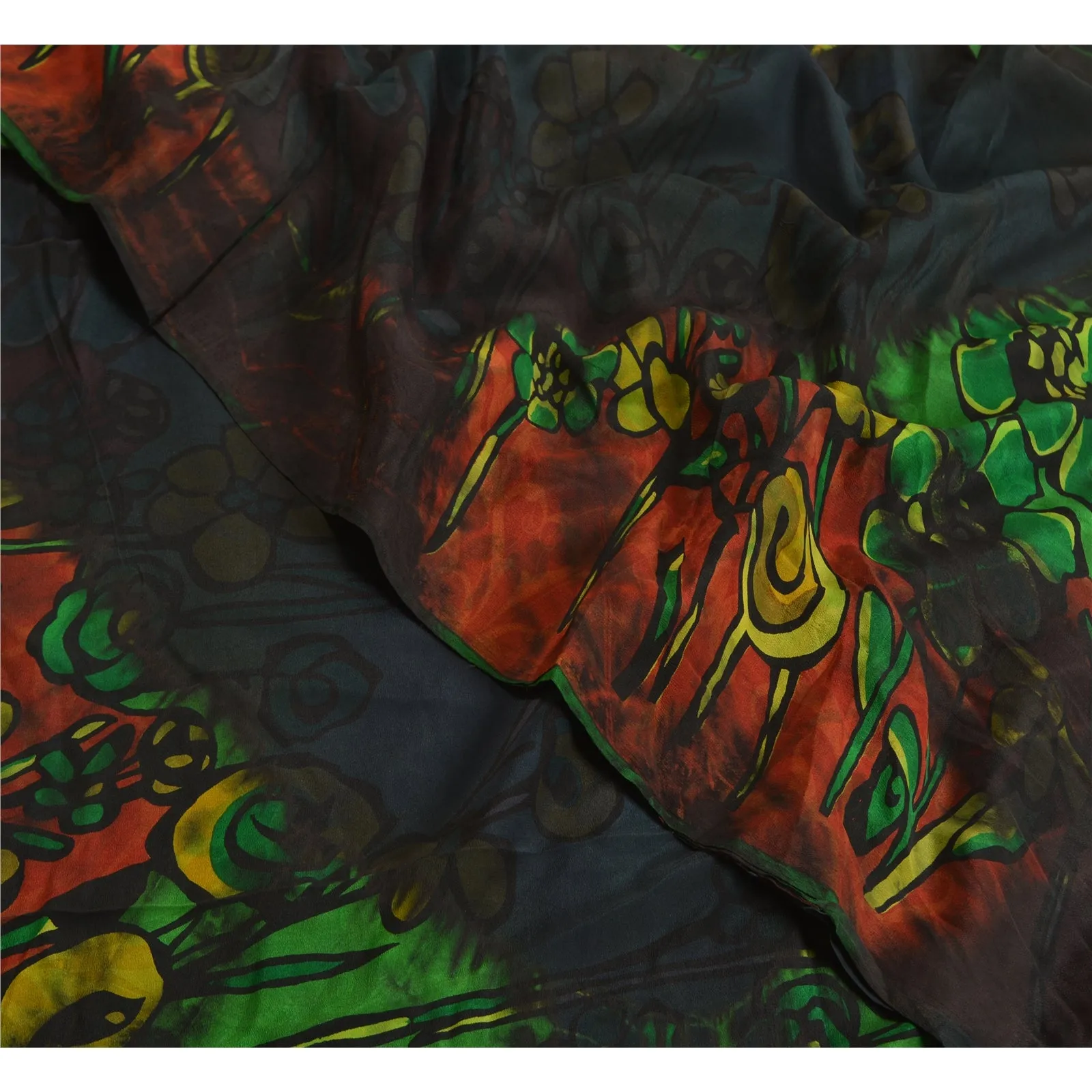 Sanskriti Vintage Sarees Black/Green Tie-Dye Pure Crepe Silk Sari Craft Fabric