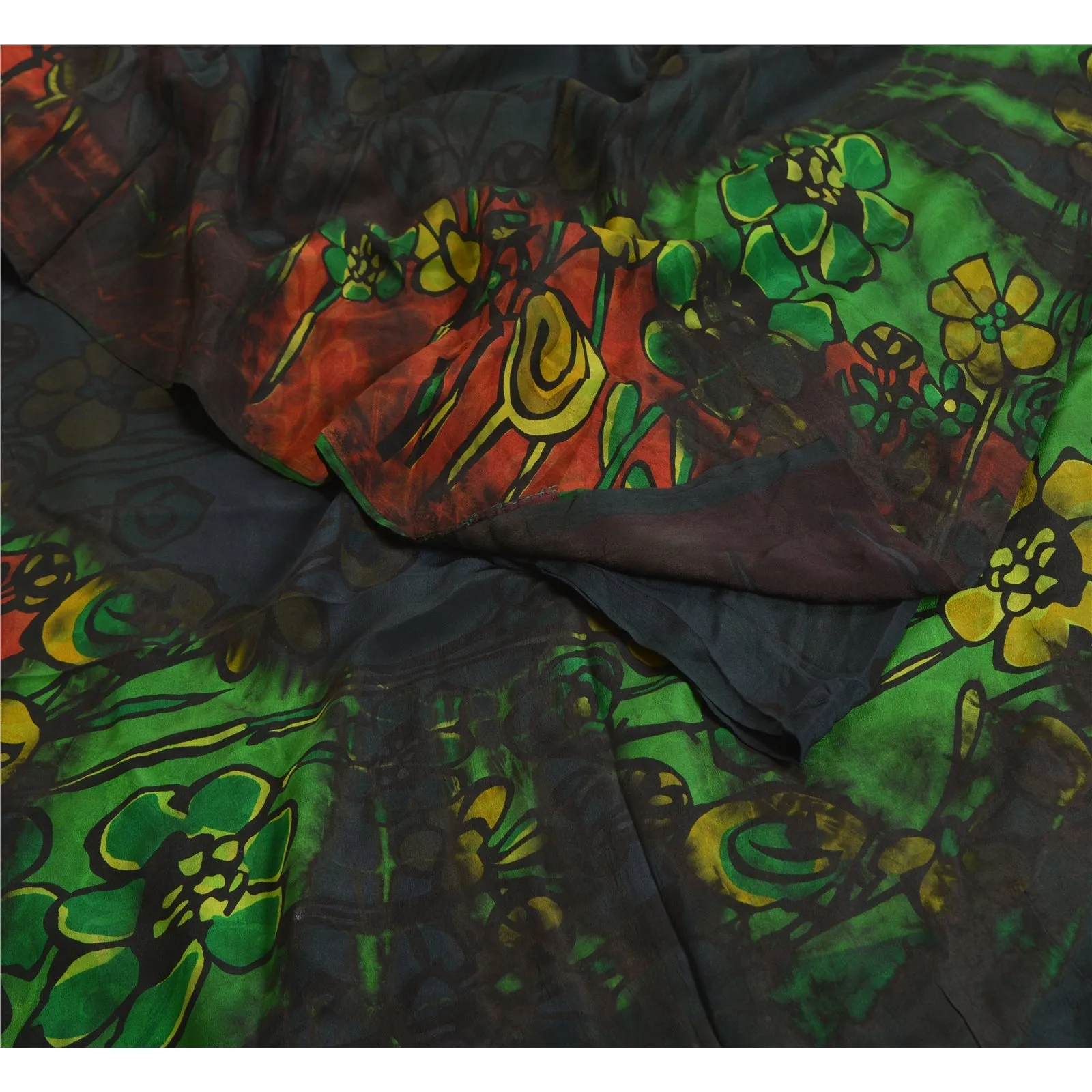 Sanskriti Vintage Sarees Black/Green Tie-Dye Pure Crepe Silk Sari Craft Fabric