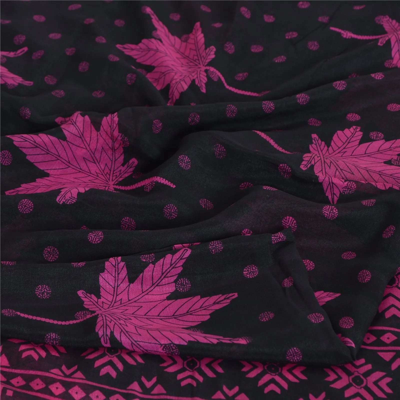 Sanskriti Vintage Sarees Black/Pink Pure ChiffonSilk Print Sari 5yd Craft Fabric