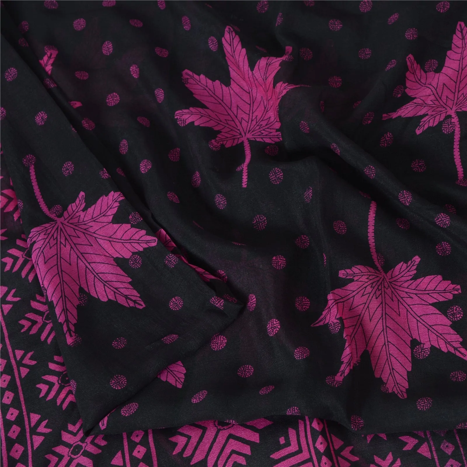 Sanskriti Vintage Sarees Black/Pink Pure ChiffonSilk Print Sari 5yd Craft Fabric