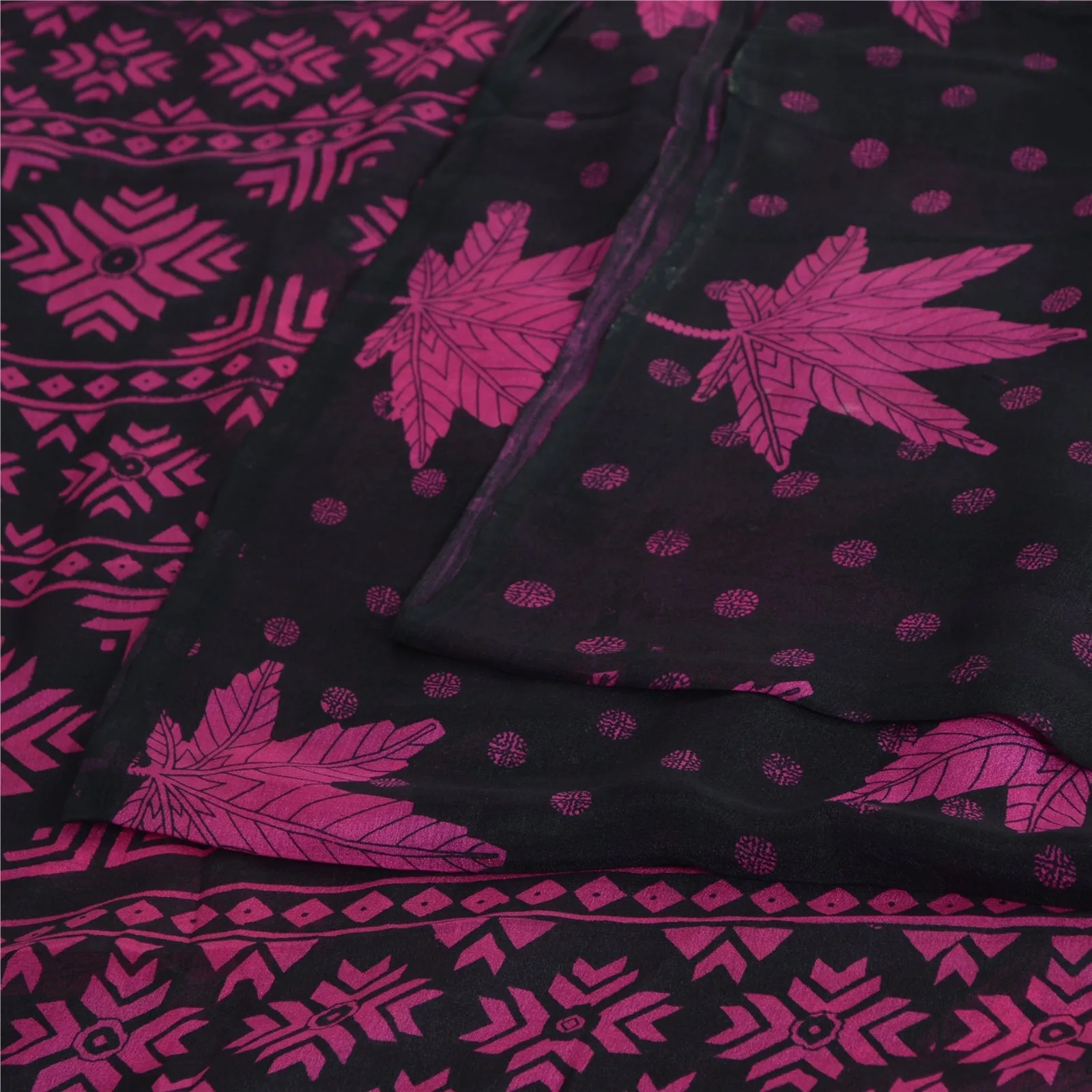 Sanskriti Vintage Sarees Black/Pink Pure ChiffonSilk Print Sari 5yd Craft Fabric