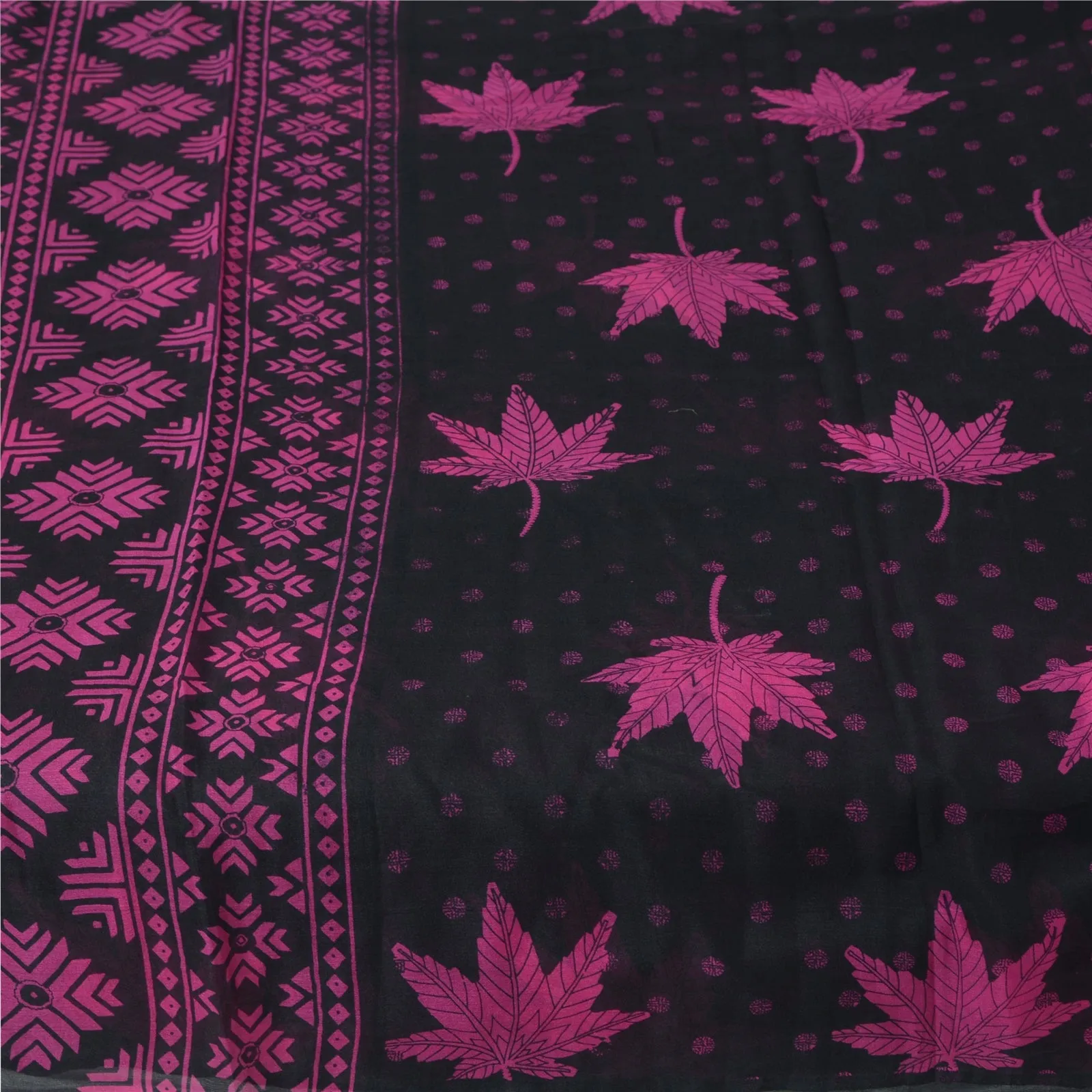 Sanskriti Vintage Sarees Black/Pink Pure ChiffonSilk Print Sari 5yd Craft Fabric