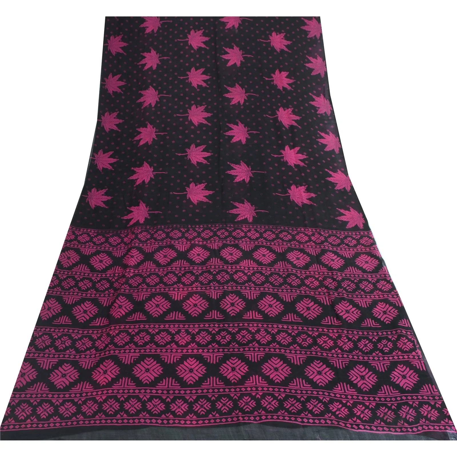 Sanskriti Vintage Sarees Black/Pink Pure ChiffonSilk Print Sari 5yd Craft Fabric