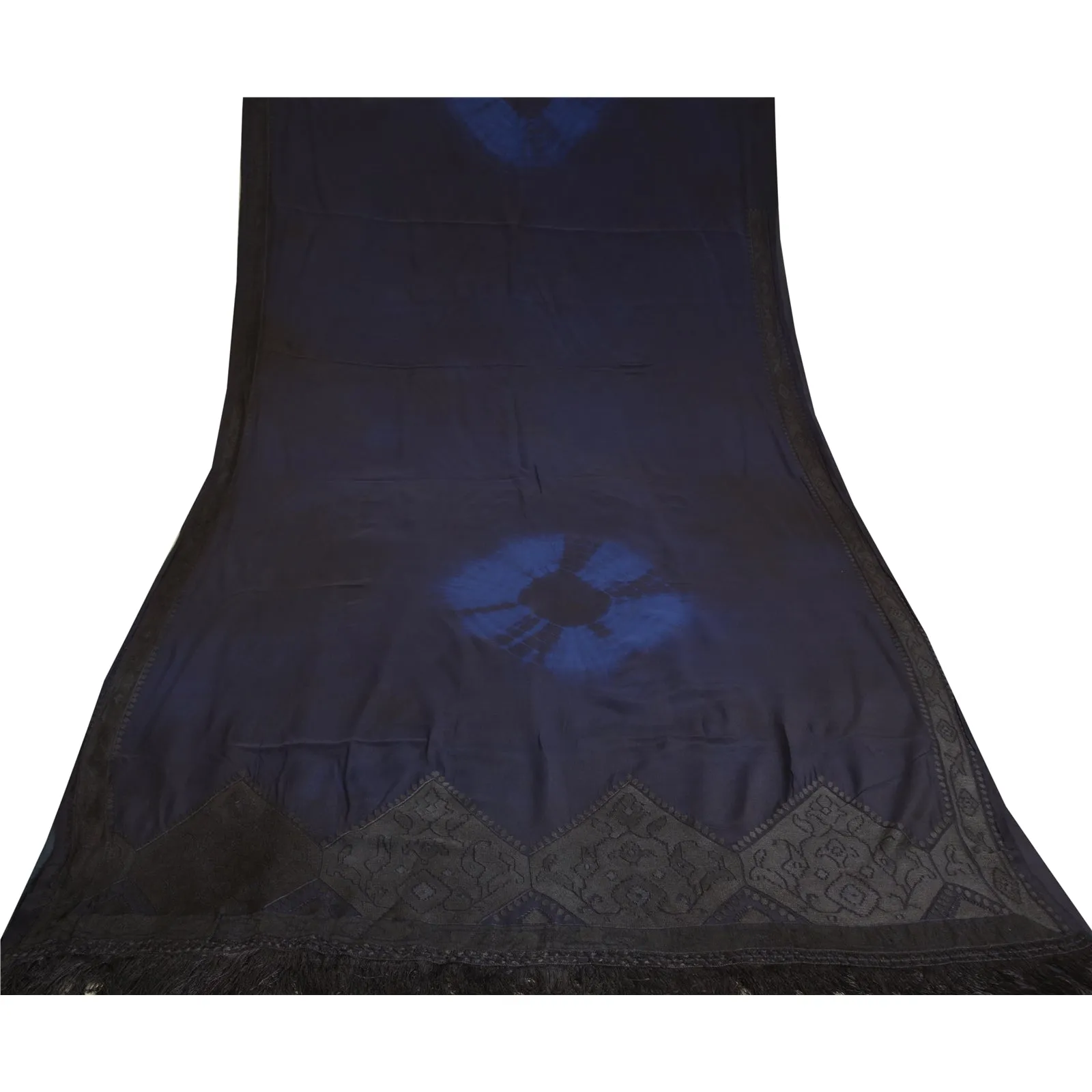 Sanskriti Vintage Sarees Blue Tie-Dye Hand Embroidery Ari Pure Crepe Sari Fabric