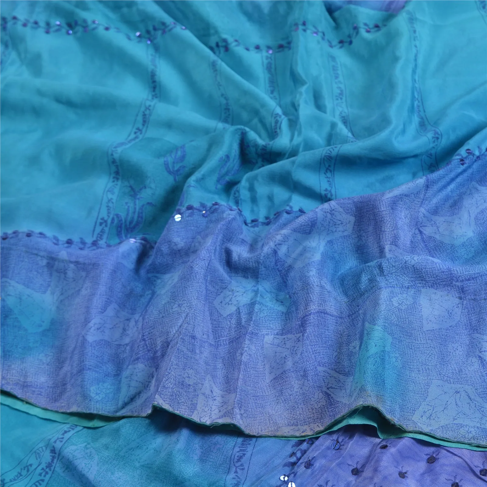 Sanskriti Vintage Sarees Blue/Purple Hand Bead Pure Crepe Silk Print Sari Fabric