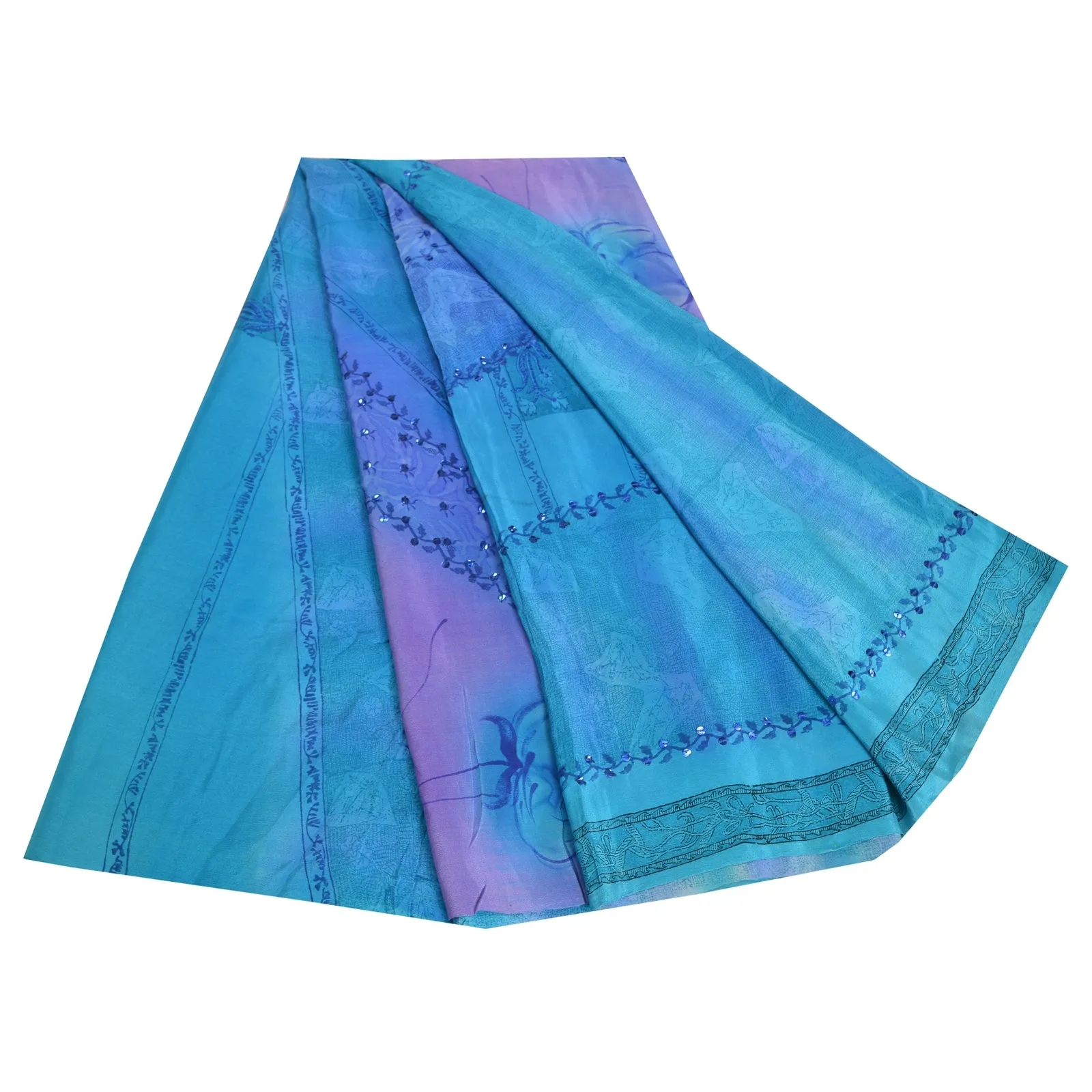 Sanskriti Vintage Sarees Blue/Purple Hand Bead Pure Crepe Silk Print Sari Fabric