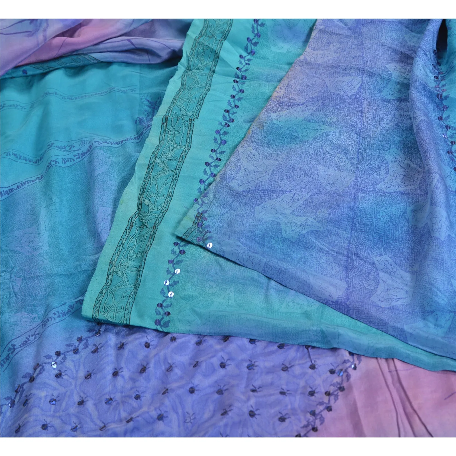 Sanskriti Vintage Sarees Blue/Purple Hand Bead Pure Crepe Silk Print Sari Fabric