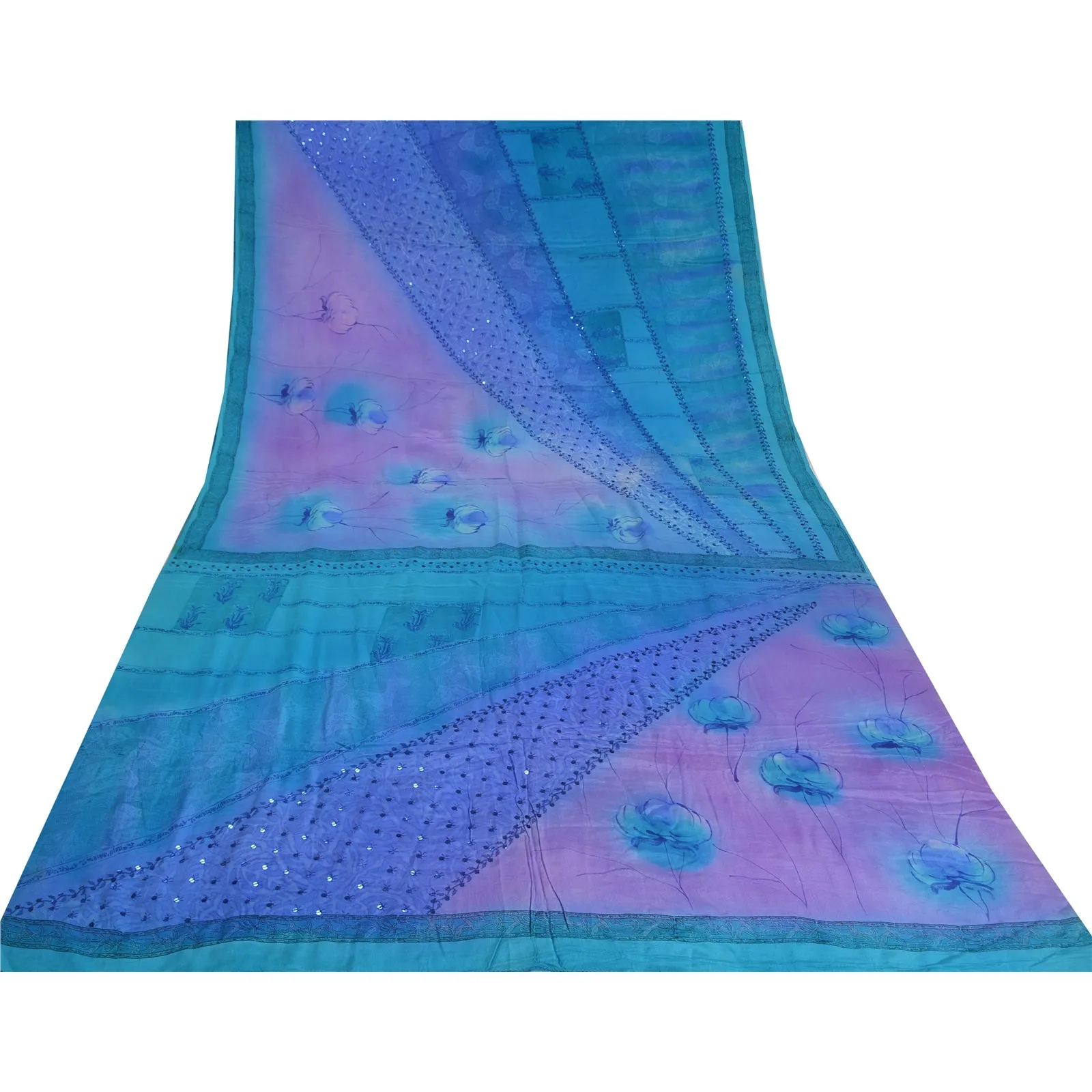 Sanskriti Vintage Sarees Blue/Purple Hand Bead Pure Crepe Silk Print Sari Fabric