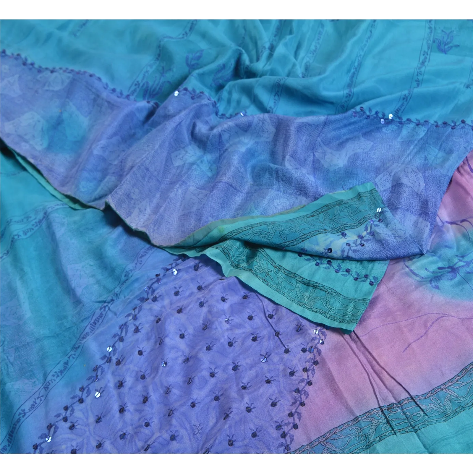 Sanskriti Vintage Sarees Blue/Purple Hand Bead Pure Crepe Silk Print Sari Fabric