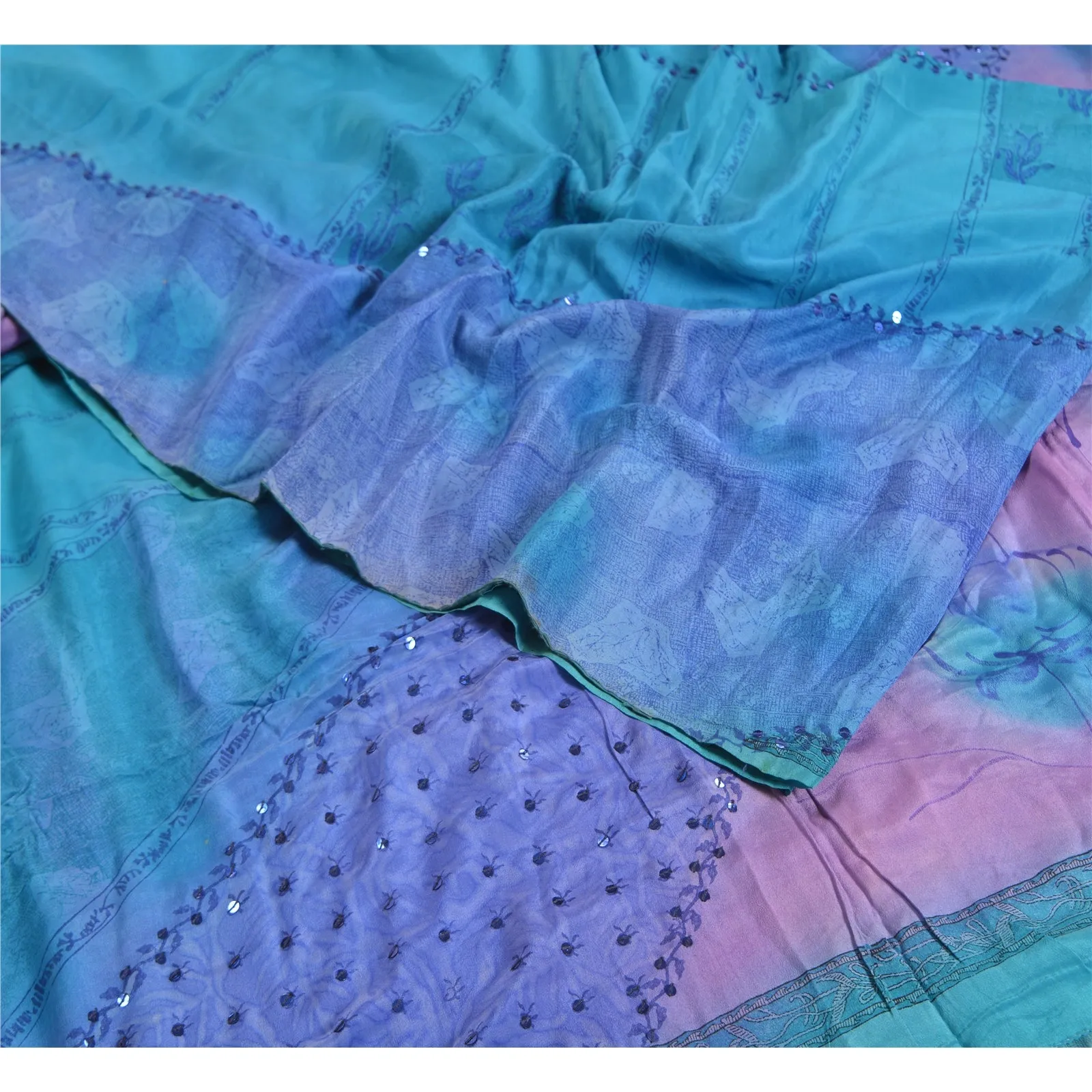 Sanskriti Vintage Sarees Blue/Purple Hand Bead Pure Crepe Silk Print Sari Fabric