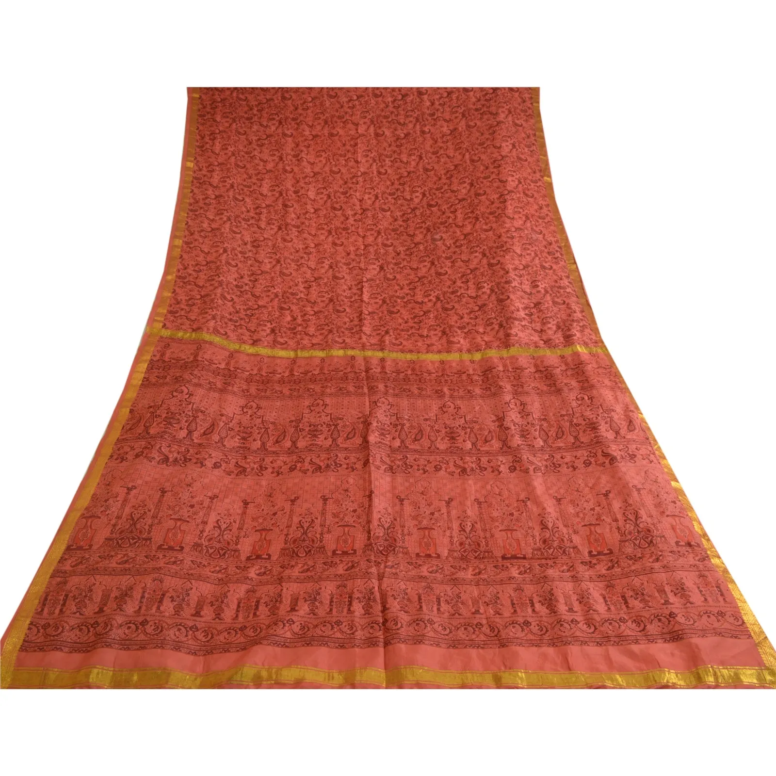 Sanskriti Vintage Sarees BlushPink Zari Border Pure Silk Print Sari Craft Fabric