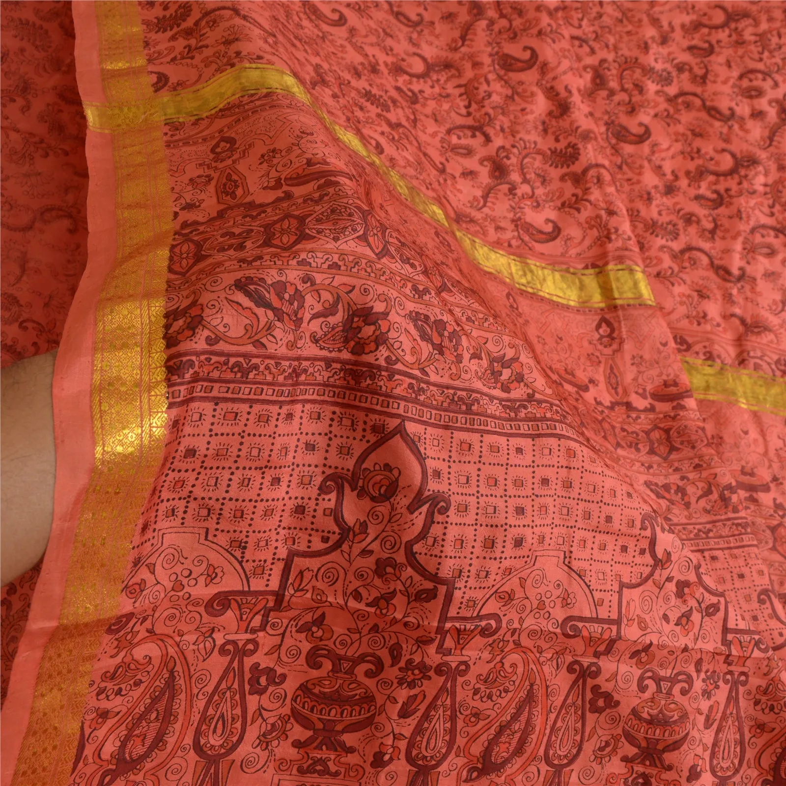 Sanskriti Vintage Sarees BlushPink Zari Border Pure Silk Print Sari Craft Fabric