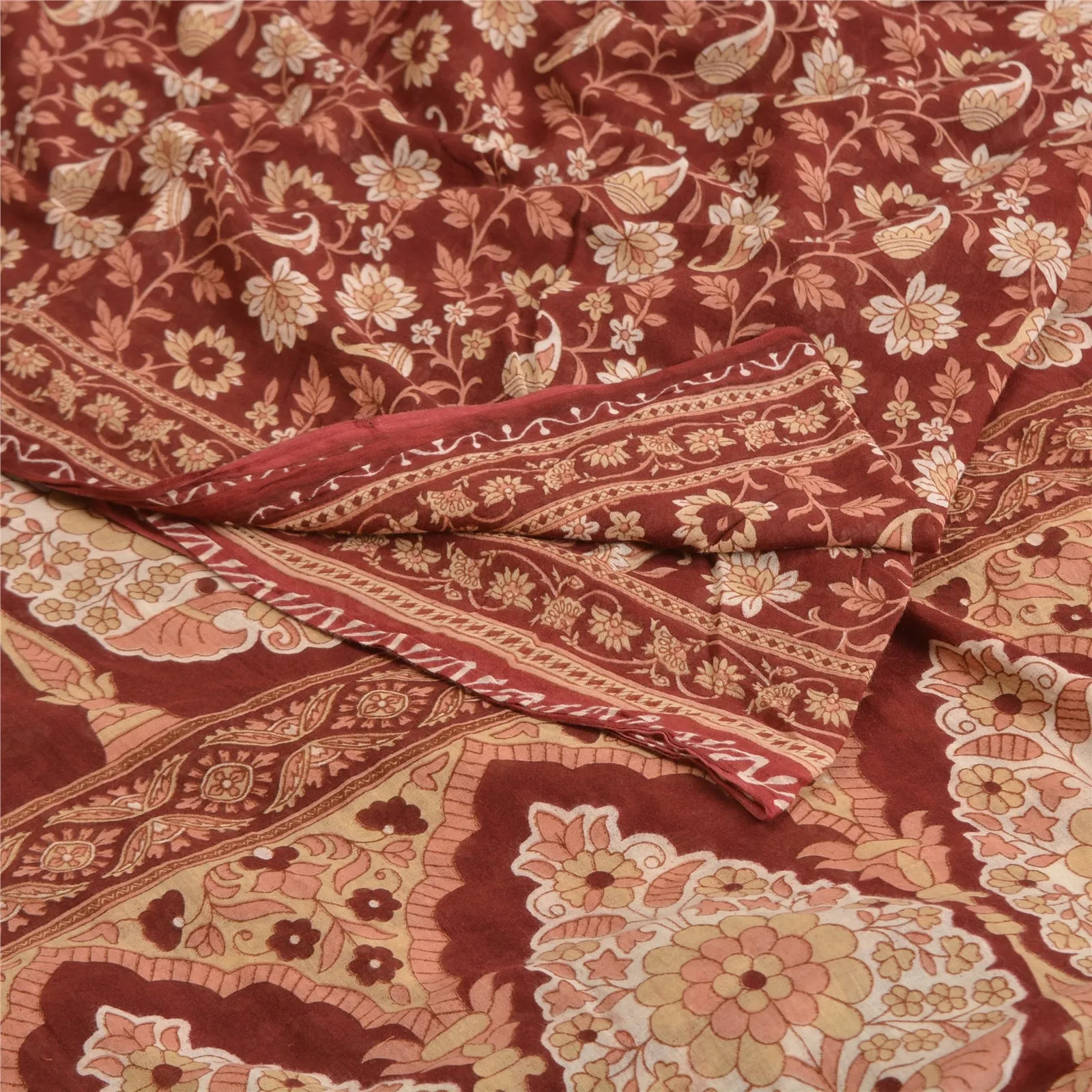 Sanskriti Vintage Sarees Brown 100% Pure Cotton Printed Sari 5yd Craft Fabric