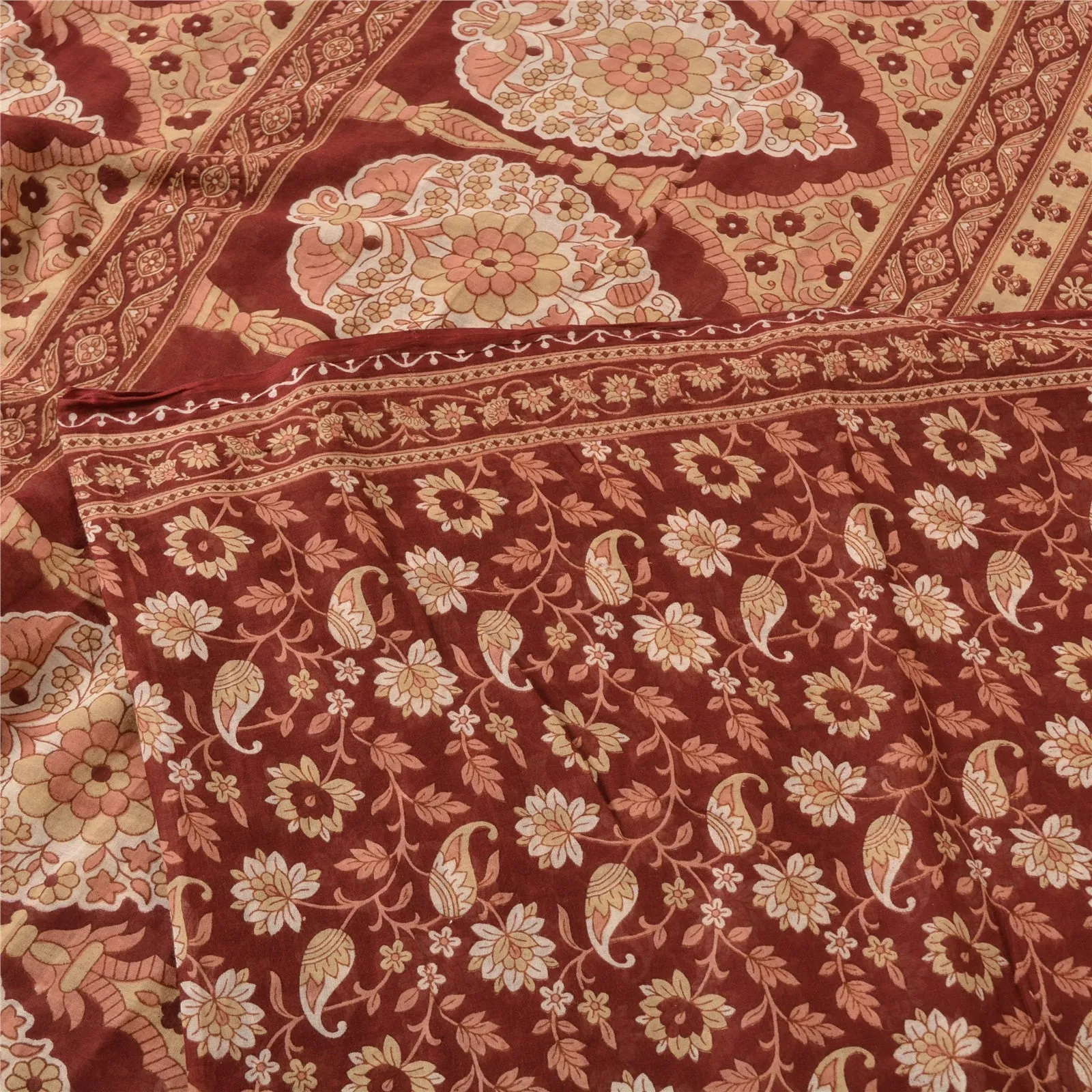 Sanskriti Vintage Sarees Brown 100% Pure Cotton Printed Sari 5yd Craft Fabric