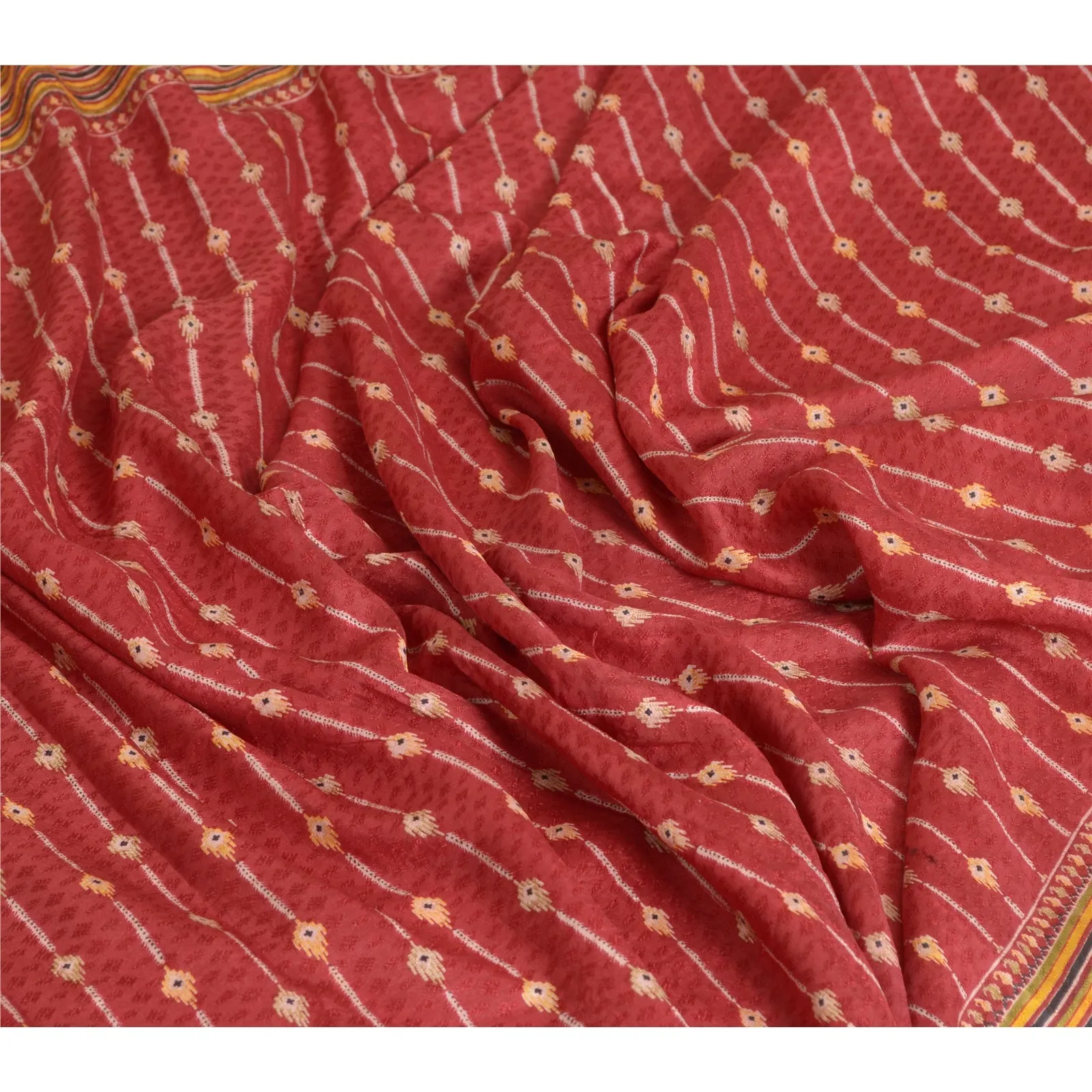 Sanskriti Vintage Sarees Dark Red Pure Silk Sari Printed 5yd Soft Craft Fabric