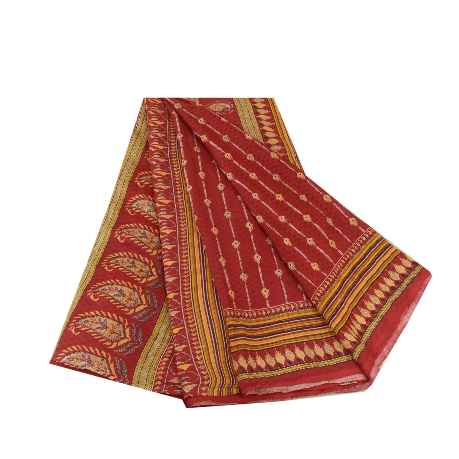 Sanskriti Vintage Sarees Dark Red Pure Silk Sari Printed 5yd Soft Craft Fabric