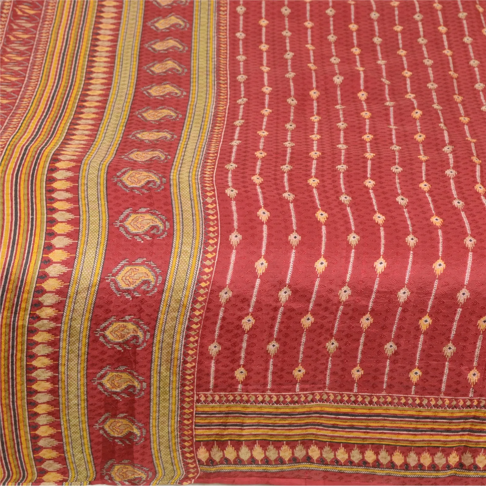 Sanskriti Vintage Sarees Dark Red Pure Silk Sari Printed 5yd Soft Craft Fabric