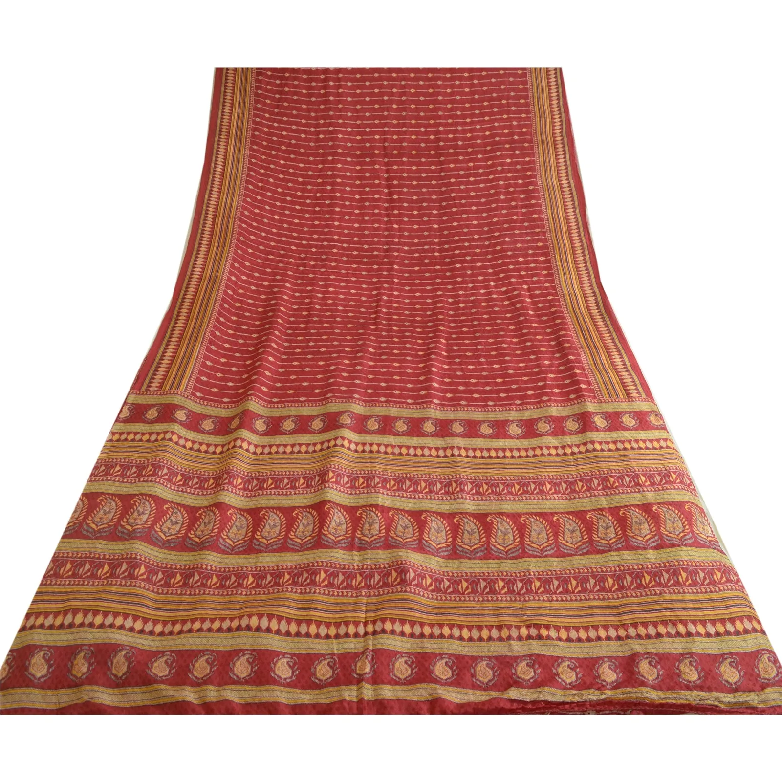 Sanskriti Vintage Sarees Dark Red Pure Silk Sari Printed 5yd Soft Craft Fabric