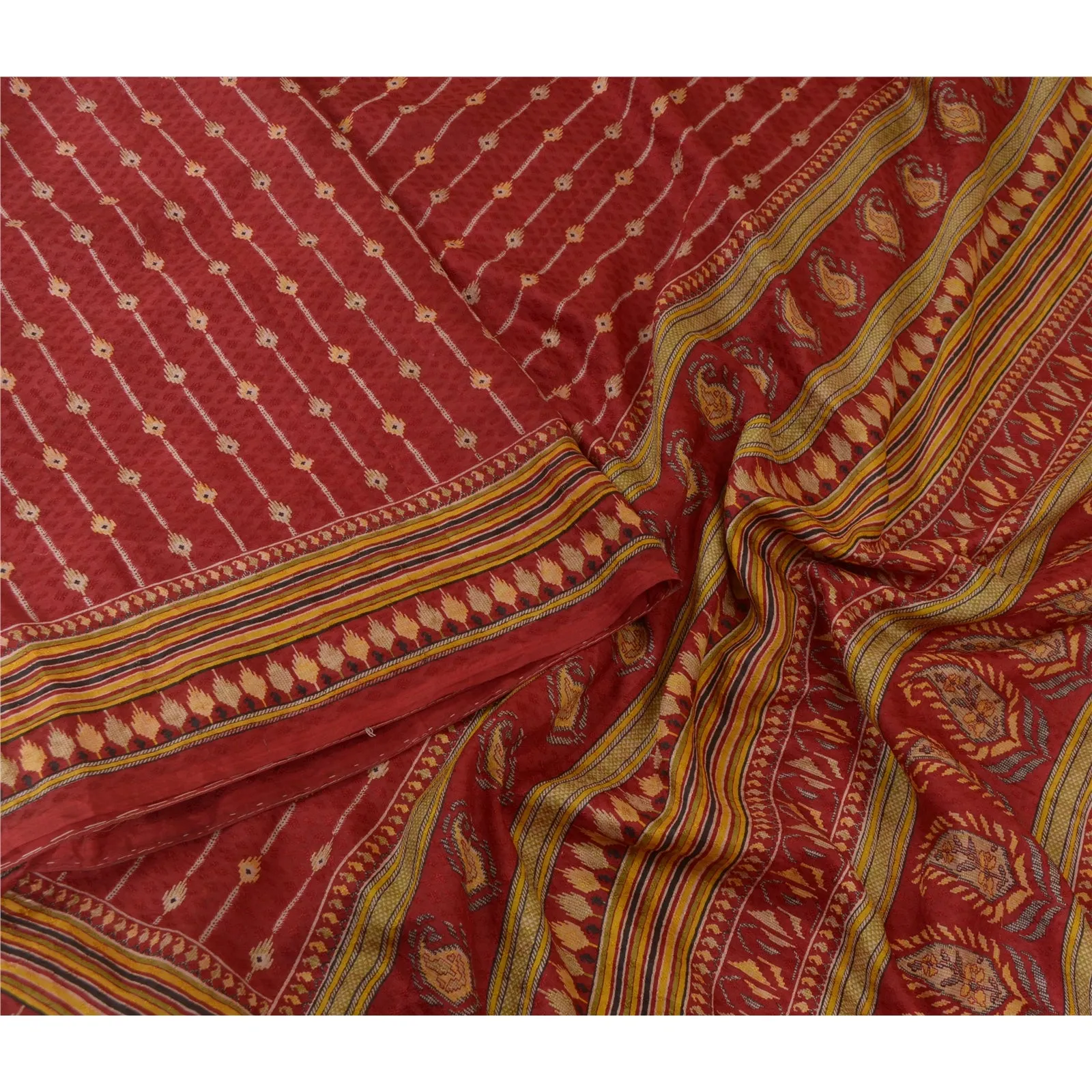 Sanskriti Vintage Sarees Dark Red Pure Silk Sari Printed 5yd Soft Craft Fabric