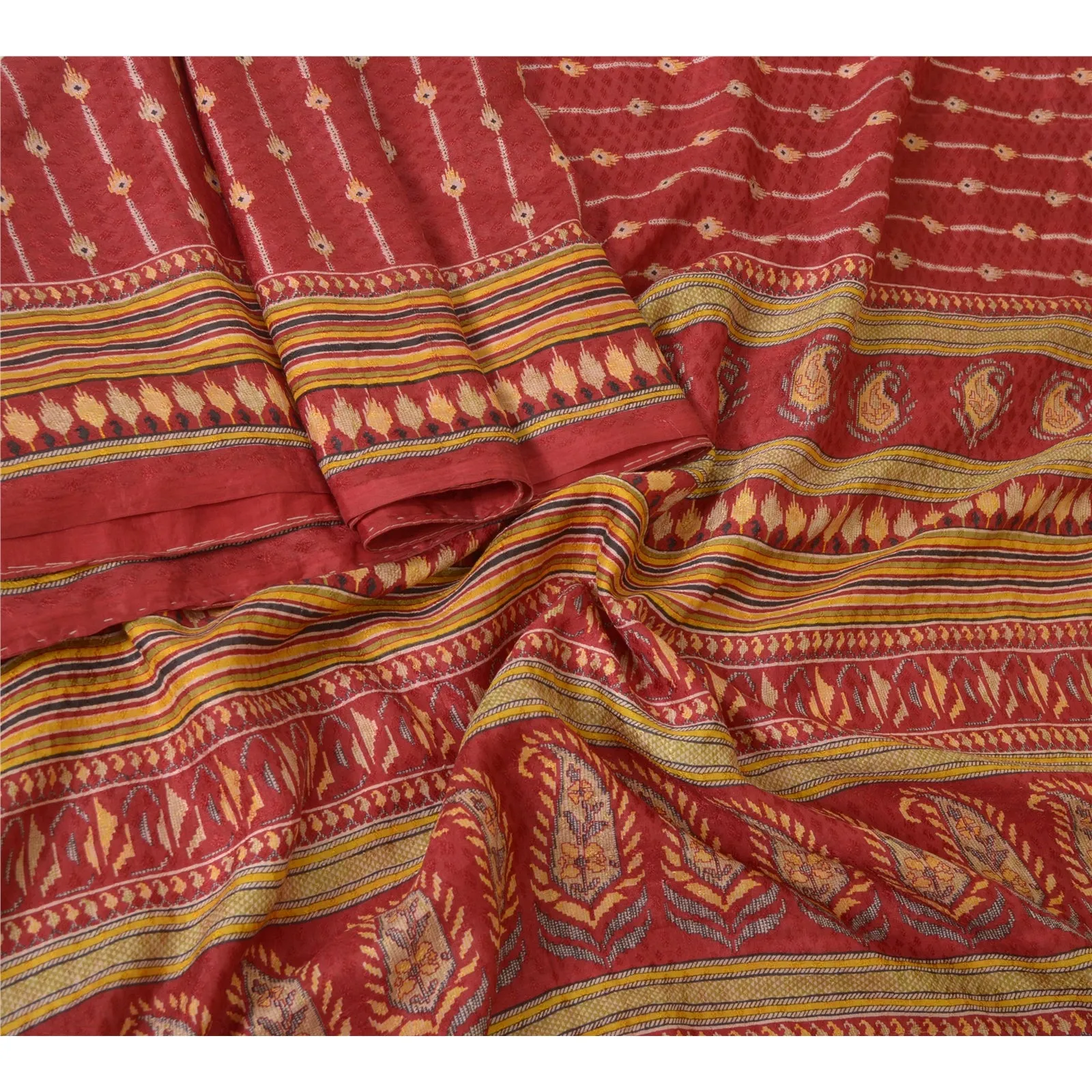 Sanskriti Vintage Sarees Dark Red Pure Silk Sari Printed 5yd Soft Craft Fabric