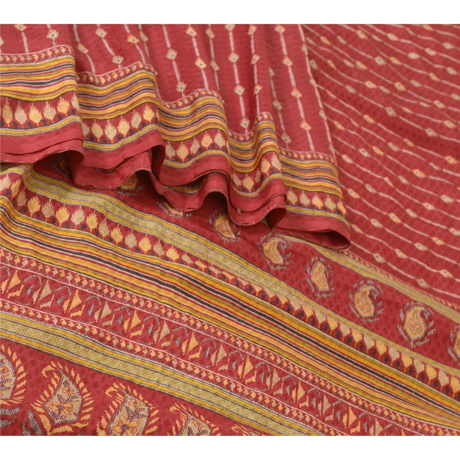 Sanskriti Vintage Sarees Dark Red Pure Silk Sari Printed 5yd Soft Craft Fabric