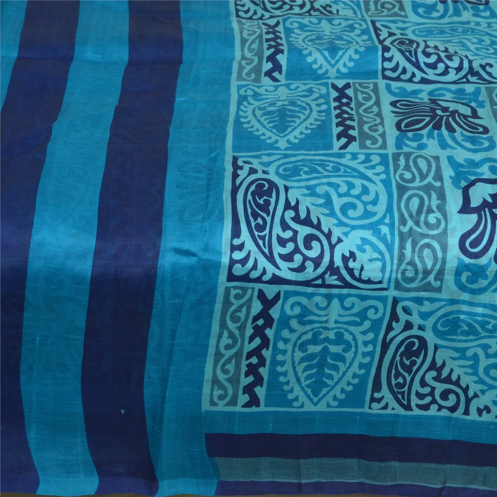 Sanskriti Vintage Sarees From India Blue Pure Silk Printed Sari 5yd Craft Fabric