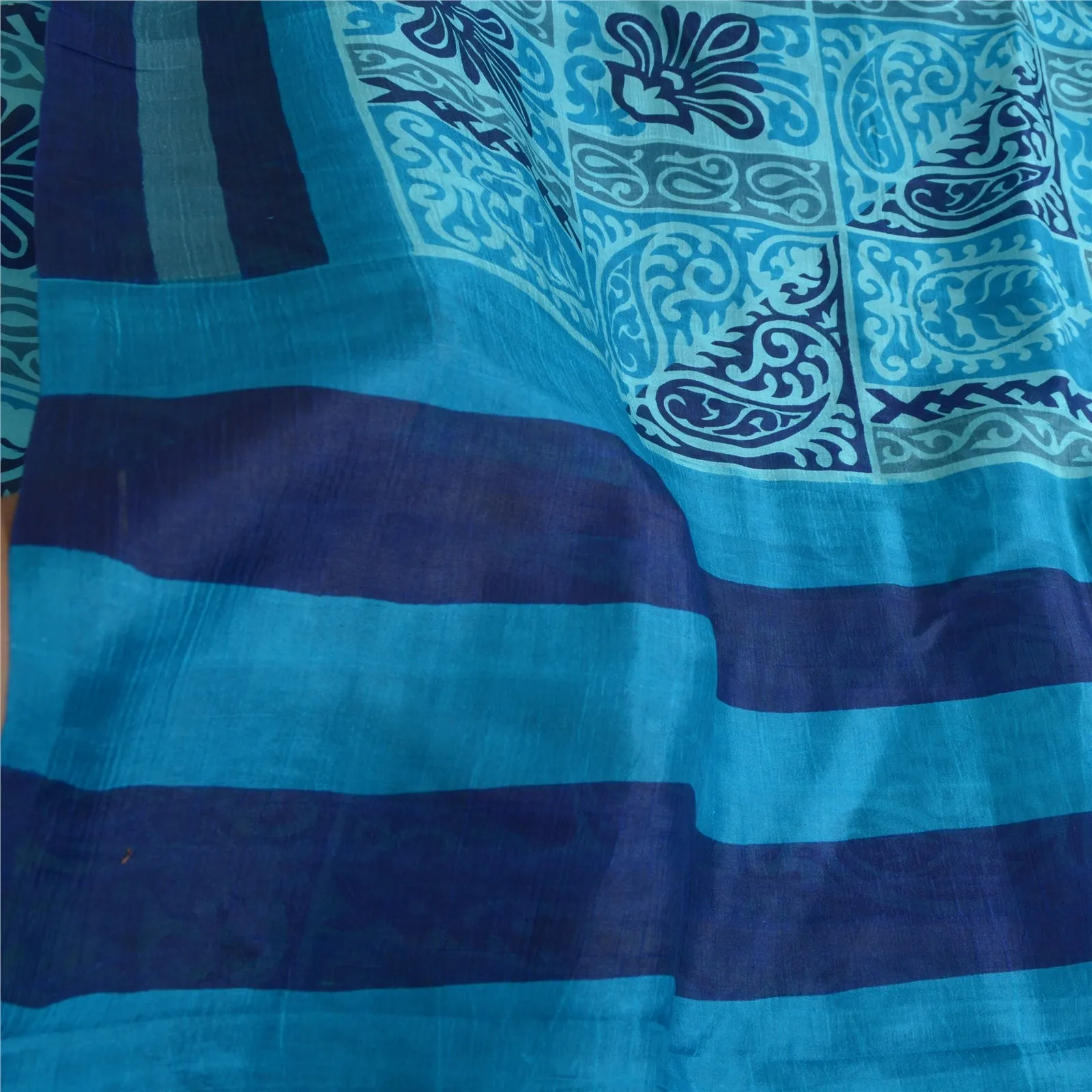 Sanskriti Vintage Sarees From India Blue Pure Silk Printed Sari 5yd Craft Fabric