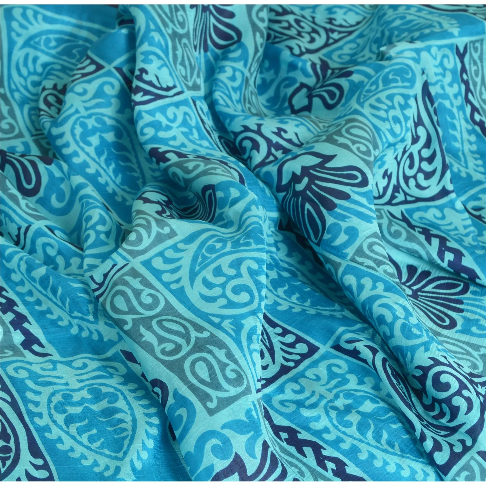 Sanskriti Vintage Sarees From India Blue Pure Silk Printed Sari 5yd Craft Fabric