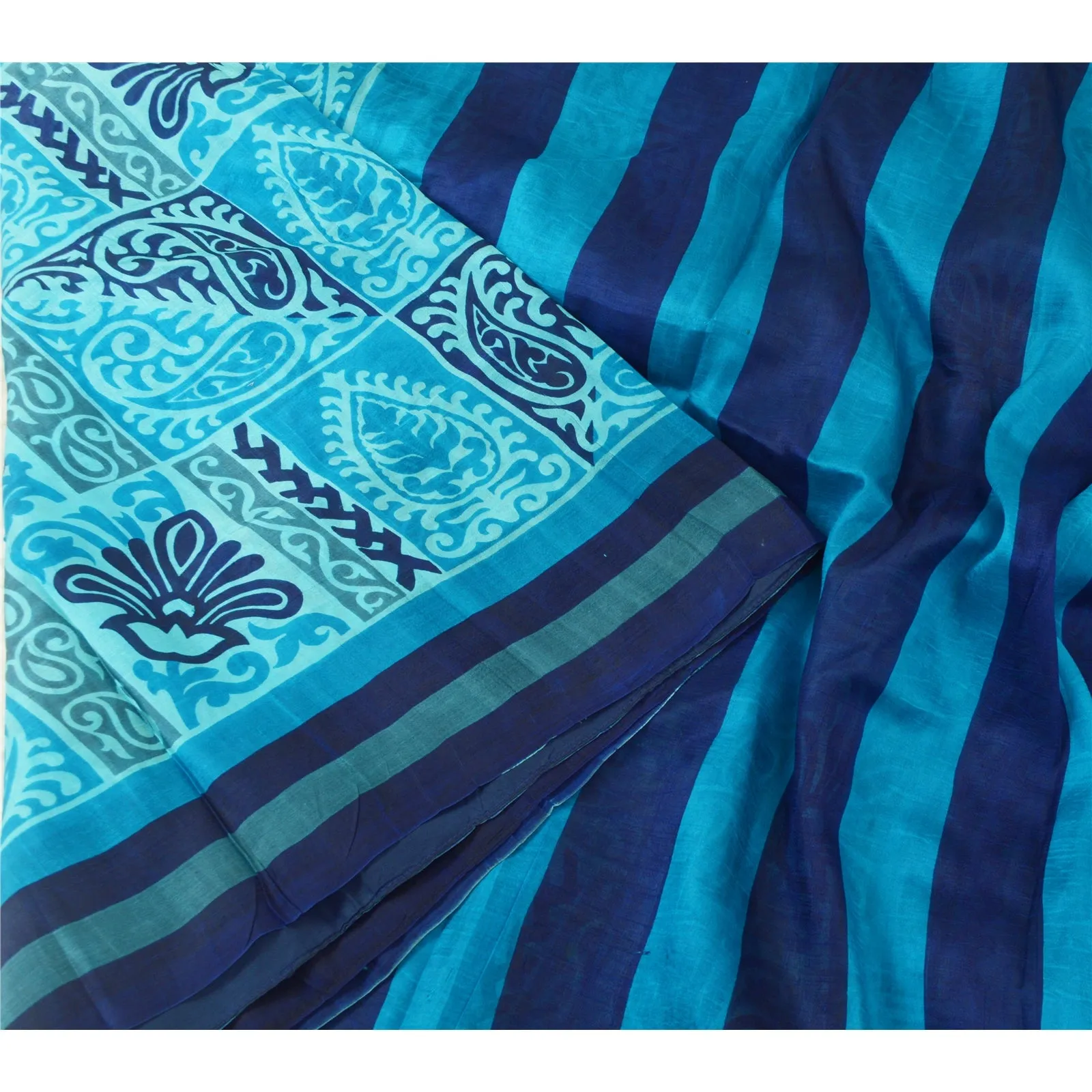 Sanskriti Vintage Sarees From India Blue Pure Silk Printed Sari 5yd Craft Fabric