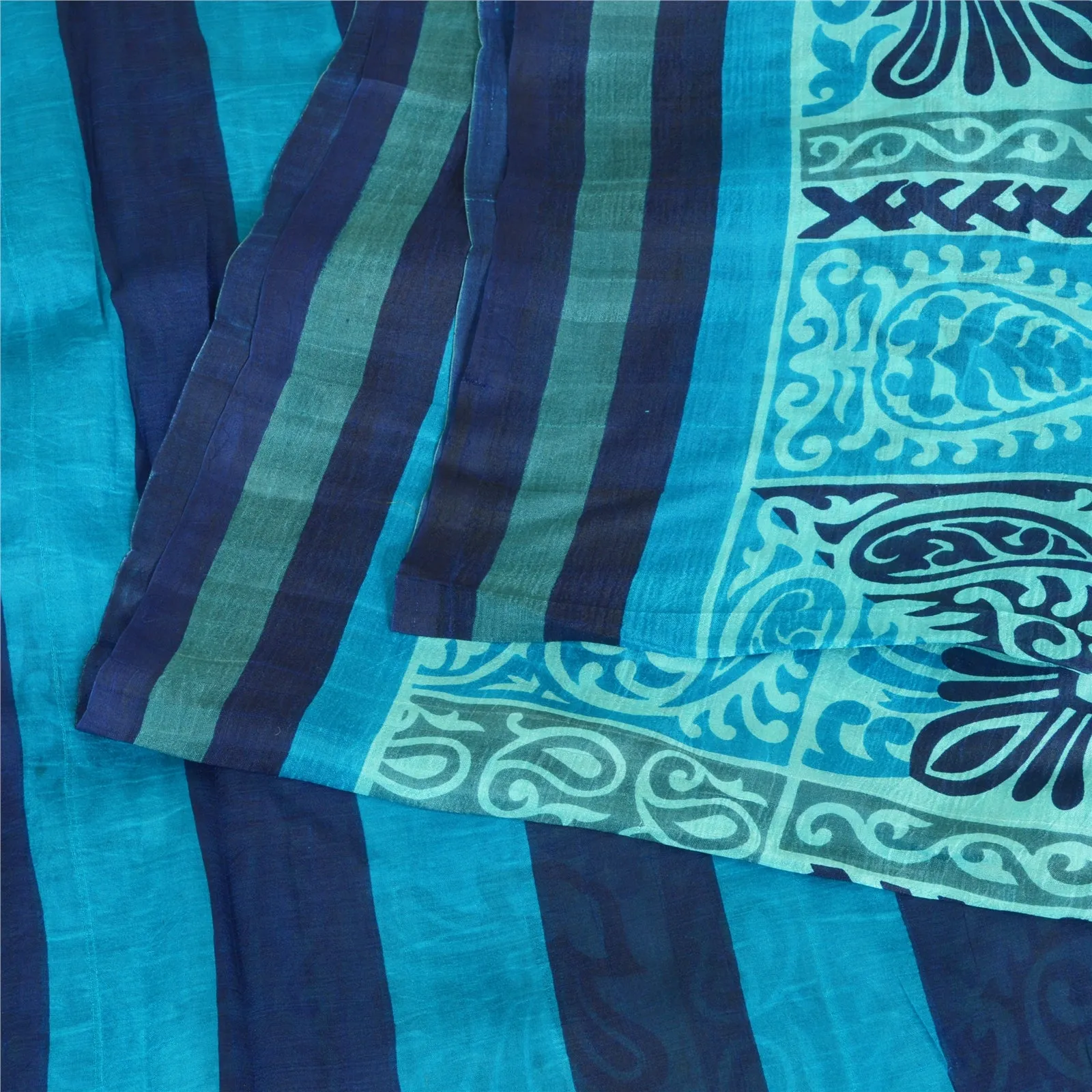 Sanskriti Vintage Sarees From India Blue Pure Silk Printed Sari 5yd Craft Fabric