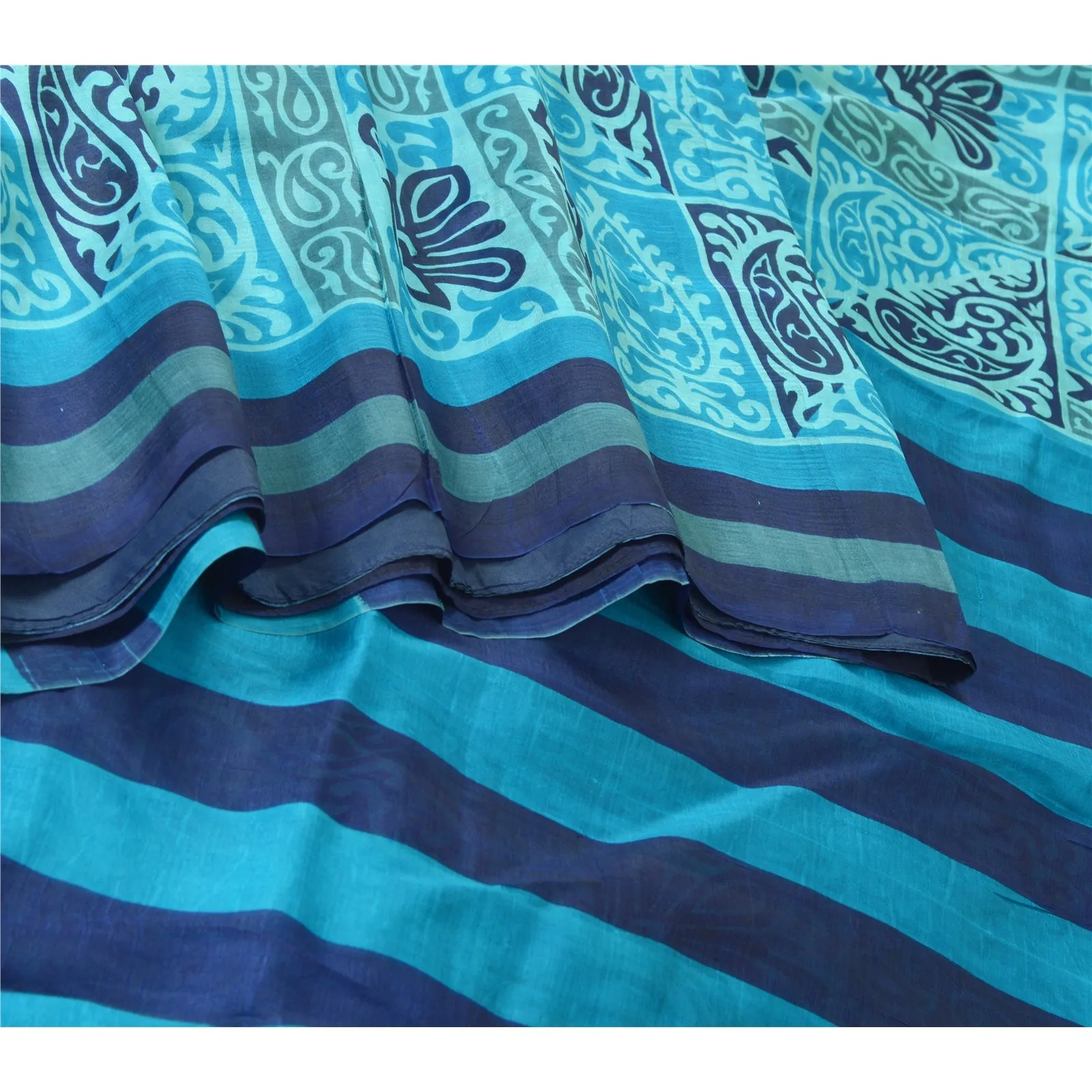 Sanskriti Vintage Sarees From India Blue Pure Silk Printed Sari 5yd Craft Fabric