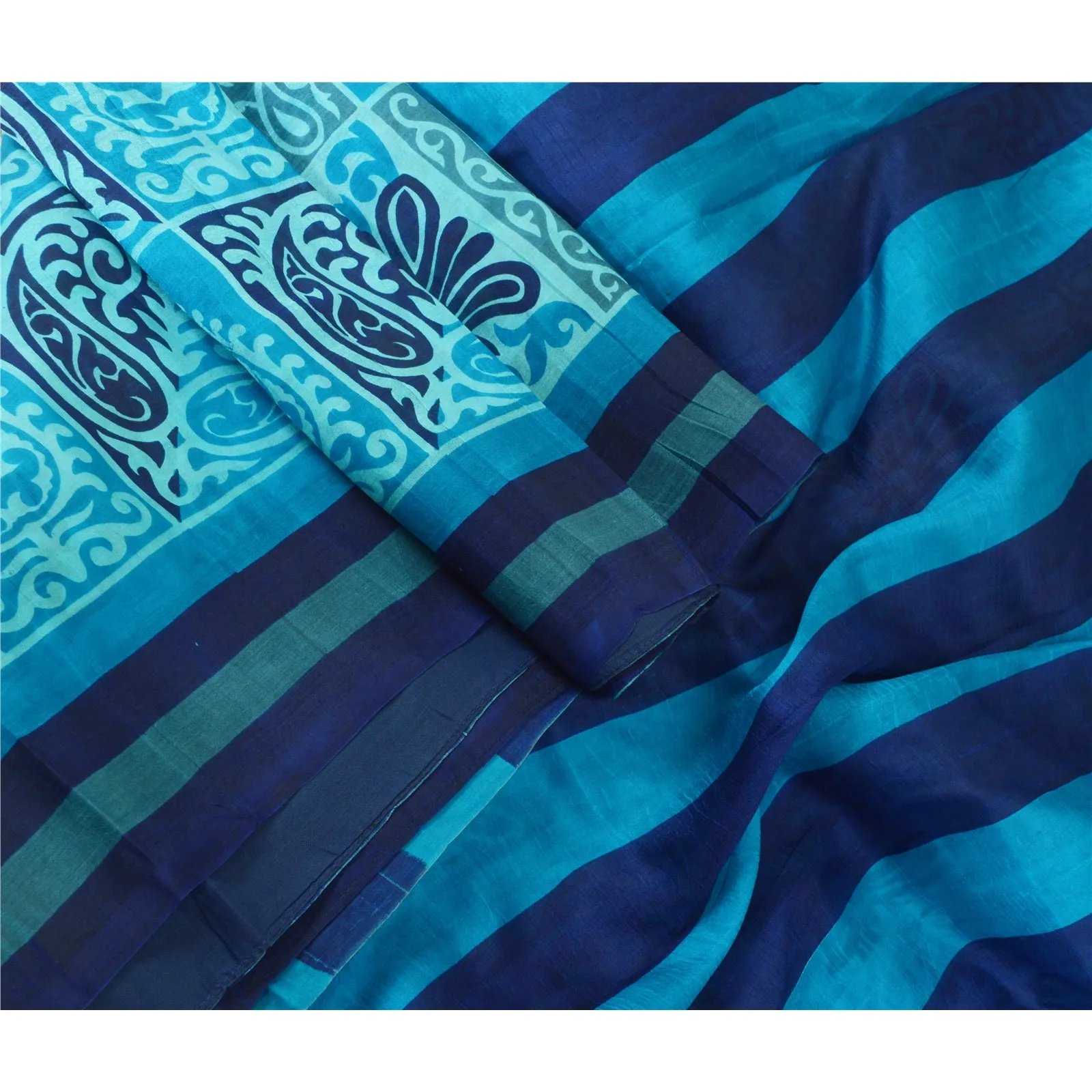 Sanskriti Vintage Sarees From India Blue Pure Silk Printed Sari 5yd Craft Fabric