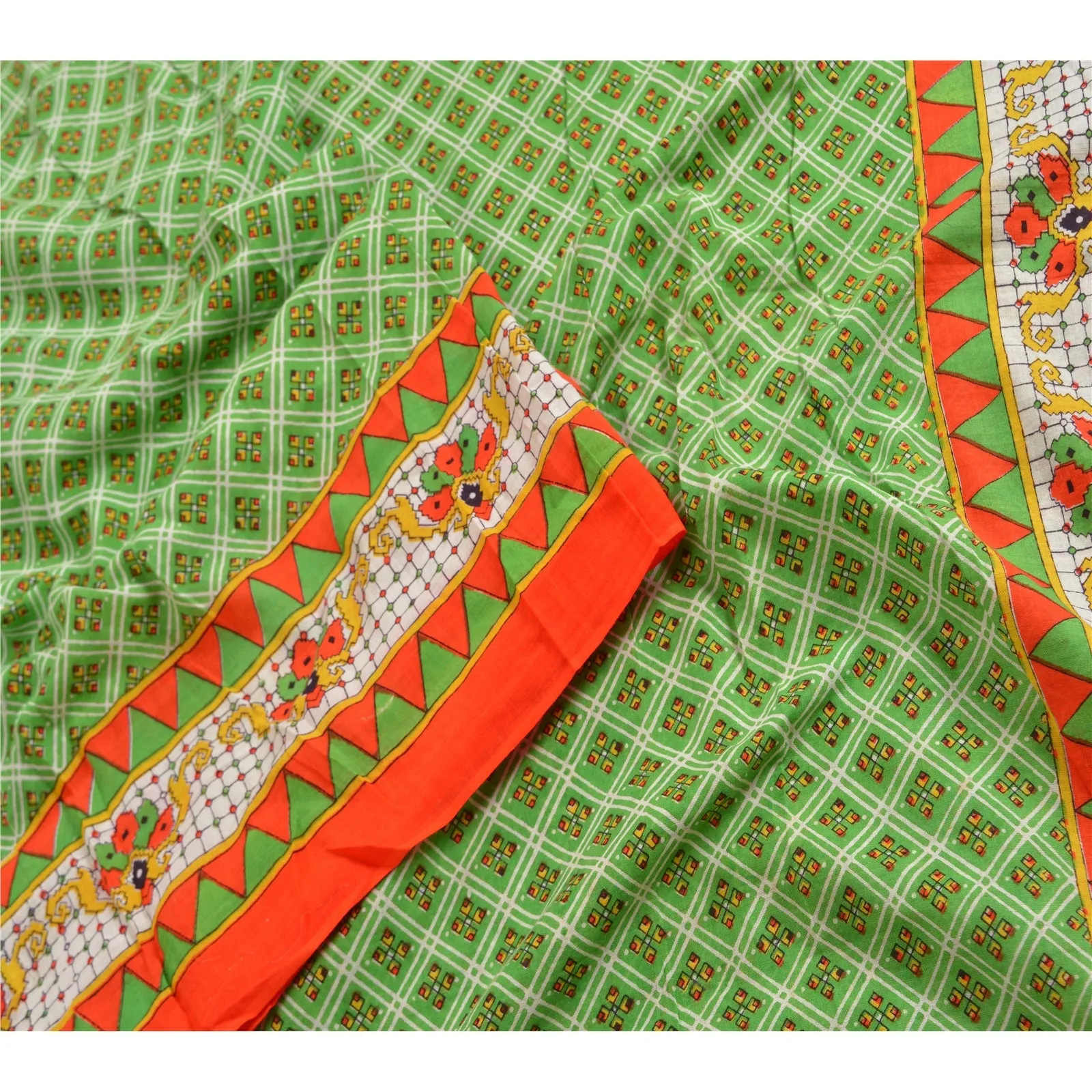 Sanskriti Vintage Sarees From India Green Printed Pure Cotton Sari Craft Fabric