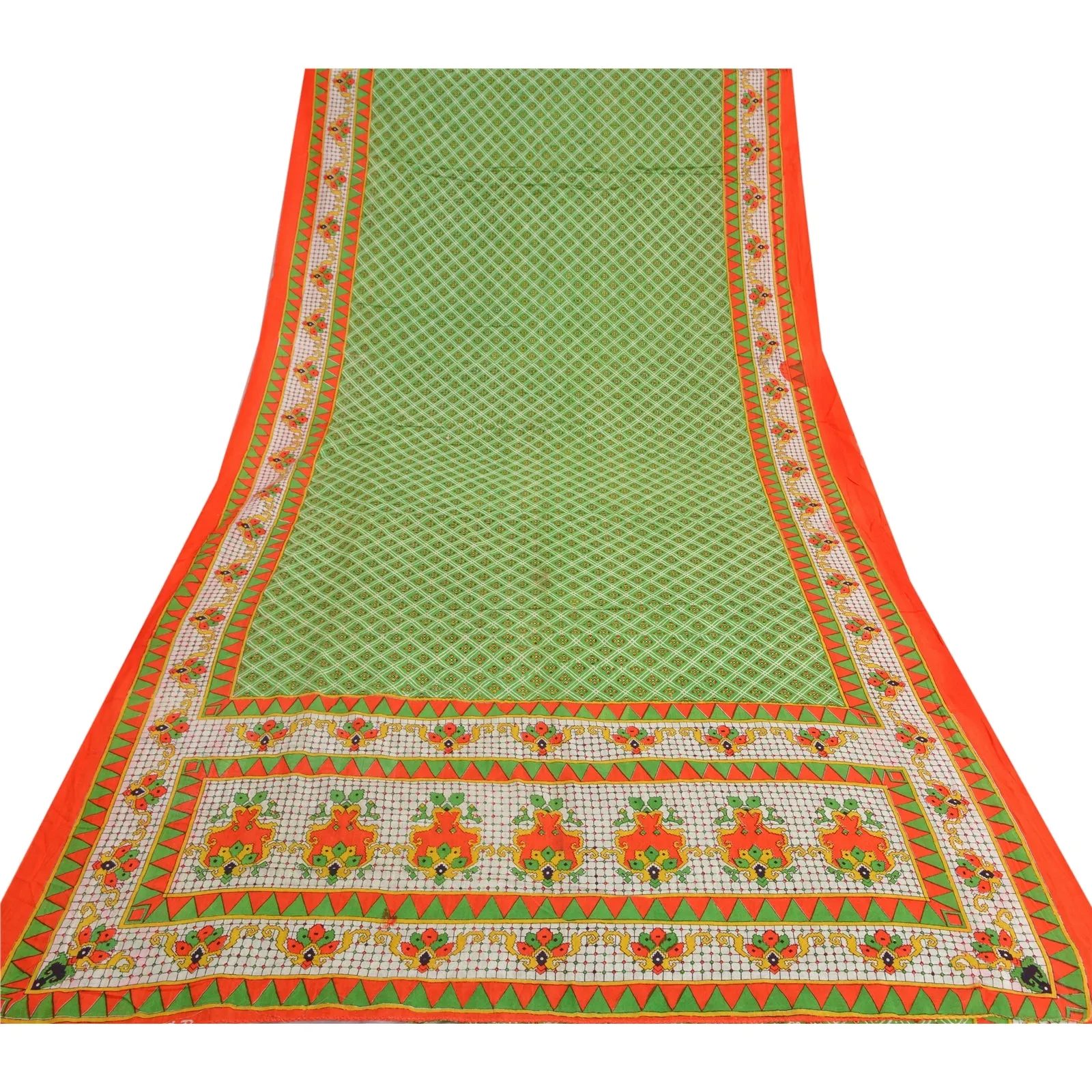 Sanskriti Vintage Sarees From India Green Printed Pure Cotton Sari Craft Fabric