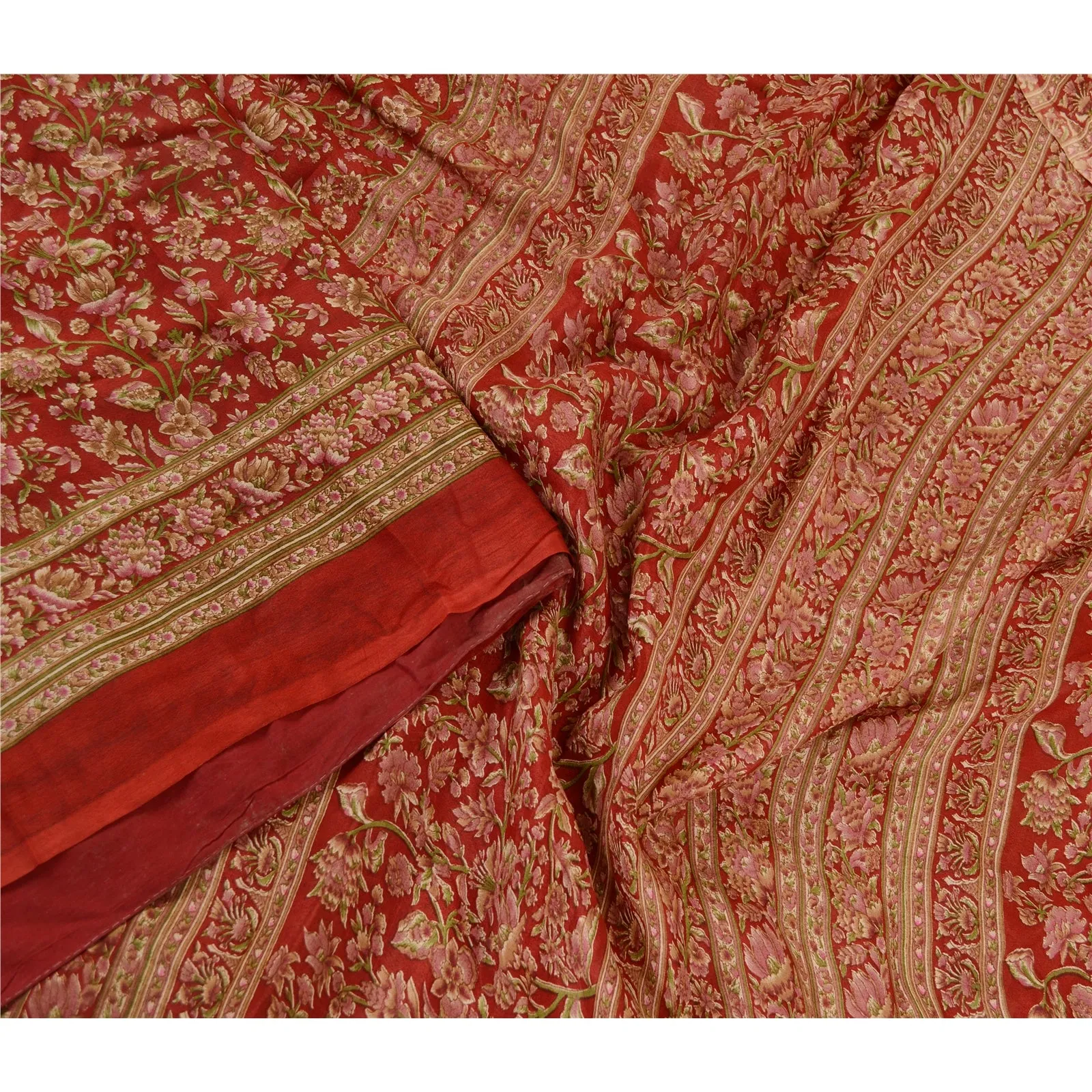 Sanskriti Vintage Sarees From India Red Pure Silk Printed Sari 5yd Craft Fabric