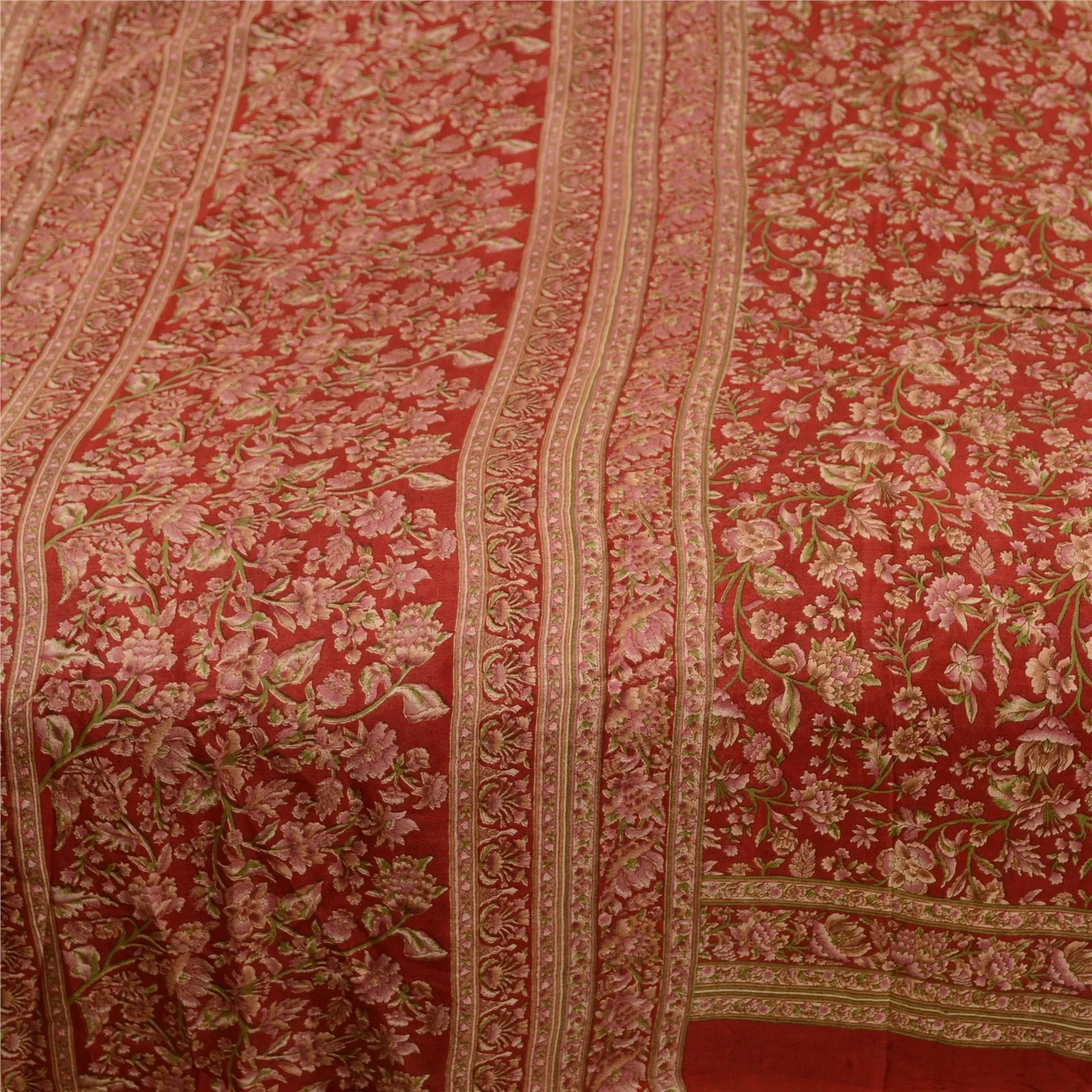 Sanskriti Vintage Sarees From India Red Pure Silk Printed Sari 5yd Craft Fabric