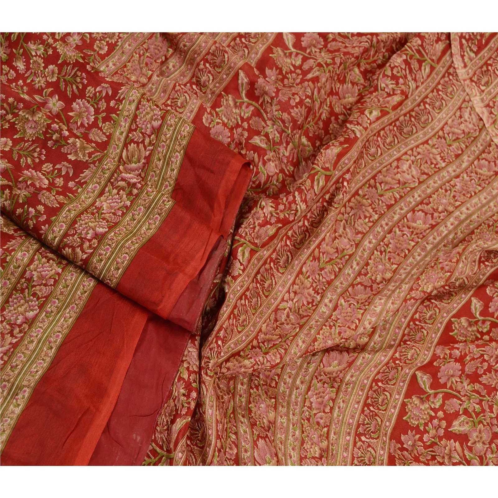 Sanskriti Vintage Sarees From India Red Pure Silk Printed Sari 5yd Craft Fabric