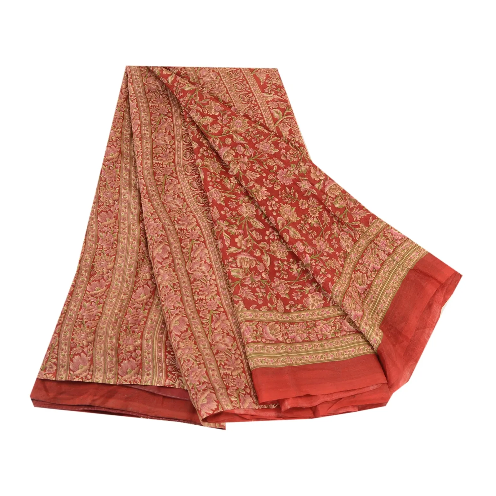 Sanskriti Vintage Sarees From India Red Pure Silk Printed Sari 5yd Craft Fabric