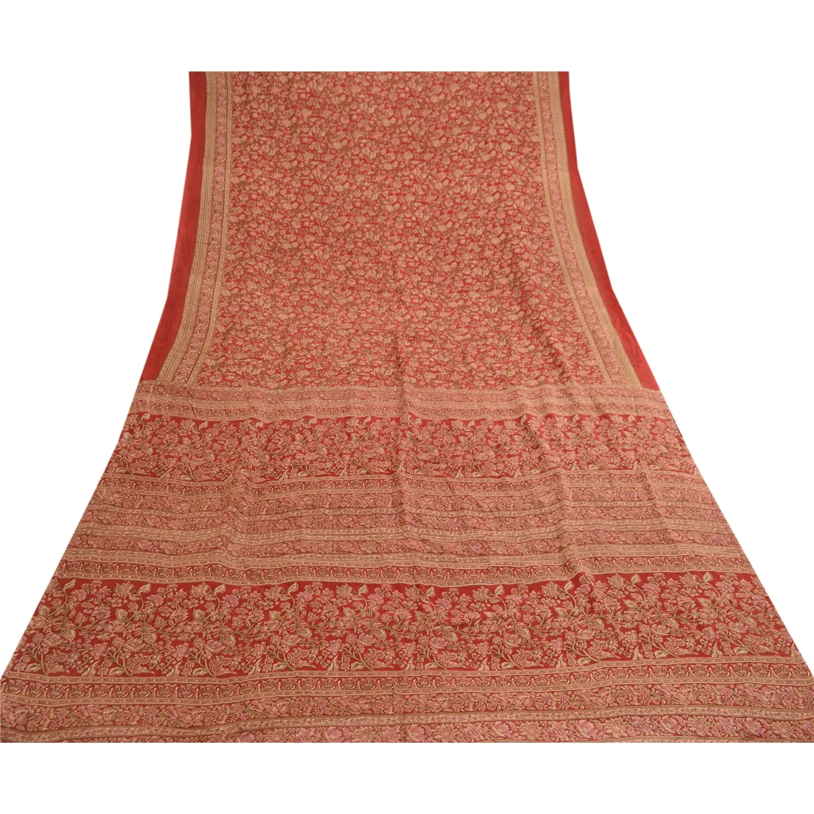 Sanskriti Vintage Sarees From India Red Pure Silk Printed Sari 5yd Craft Fabric