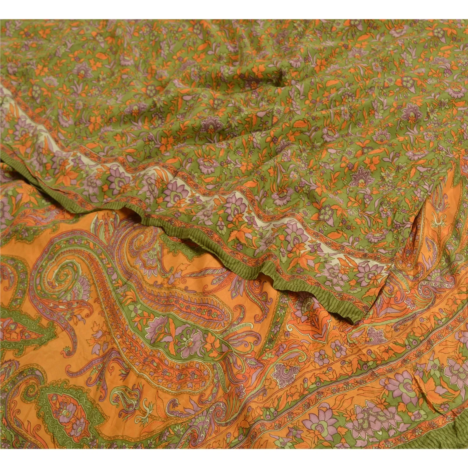 Sanskriti Vintage Sarees Green Pure Crepe Silk Printed Sari Floral Craft Fabric