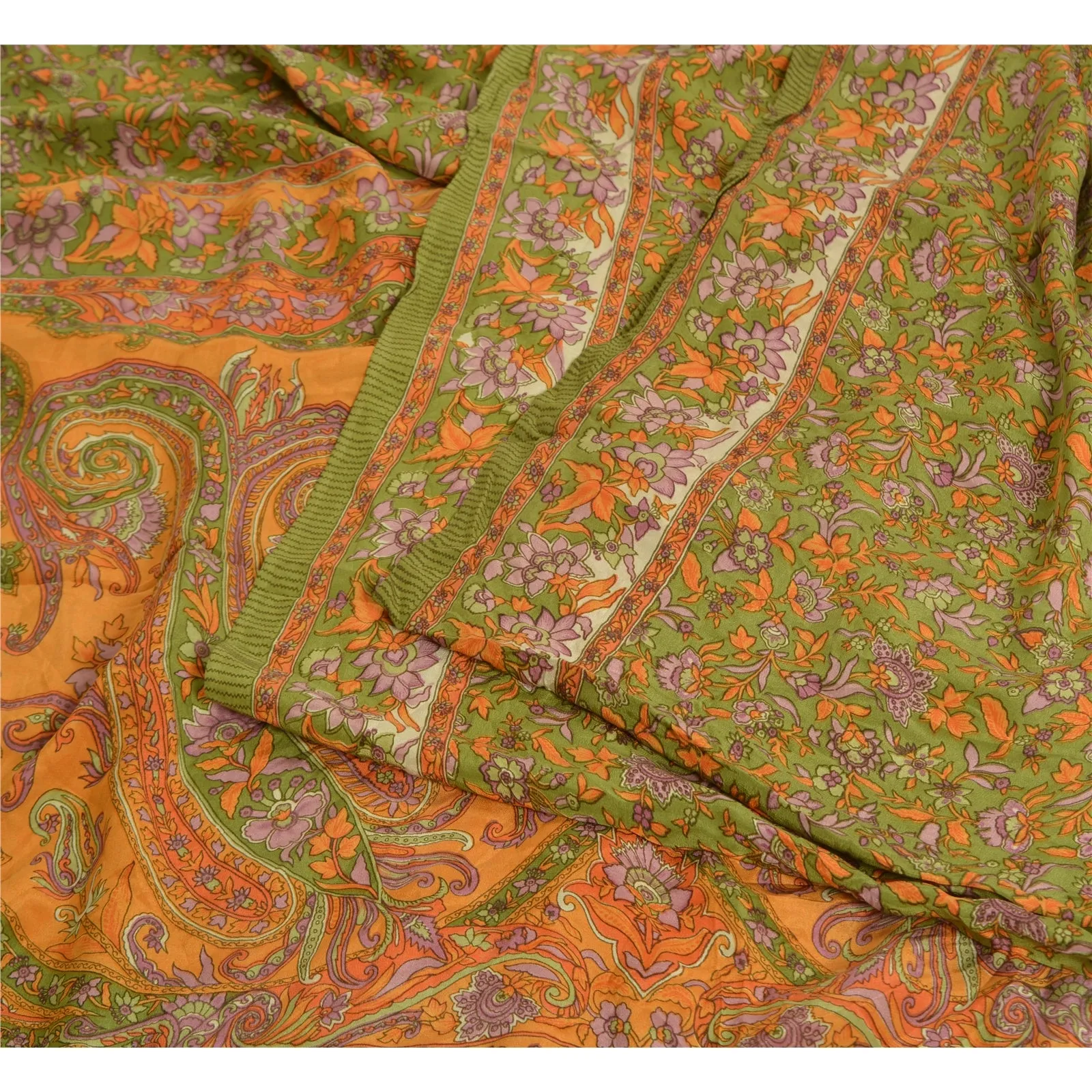 Sanskriti Vintage Sarees Green Pure Crepe Silk Printed Sari Floral Craft Fabric