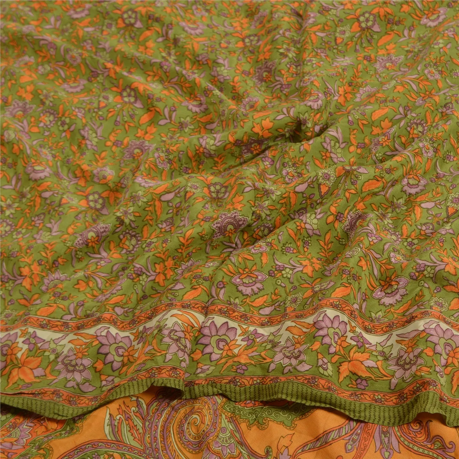 Sanskriti Vintage Sarees Green Pure Crepe Silk Printed Sari Floral Craft Fabric