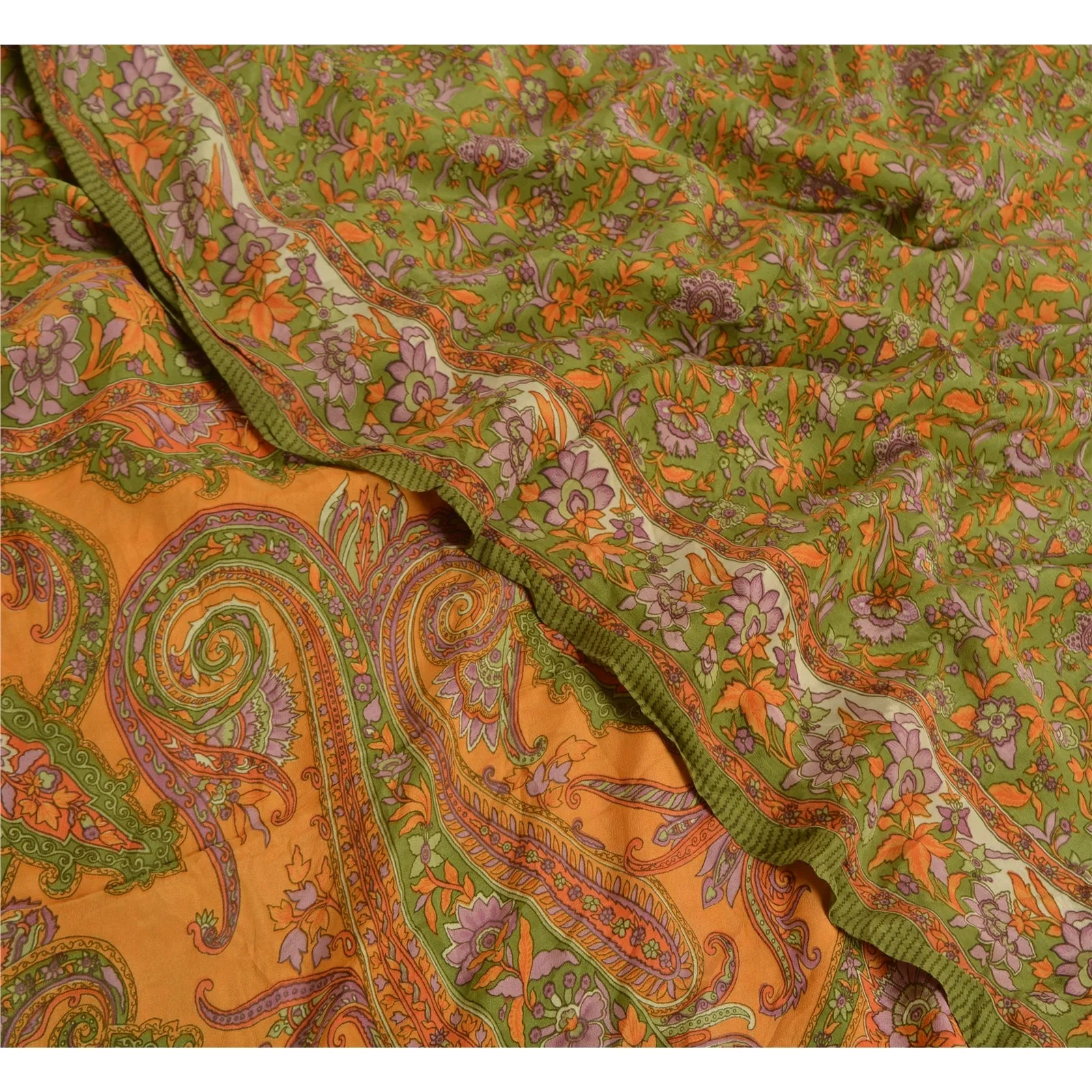 Sanskriti Vintage Sarees Green Pure Crepe Silk Printed Sari Floral Craft Fabric