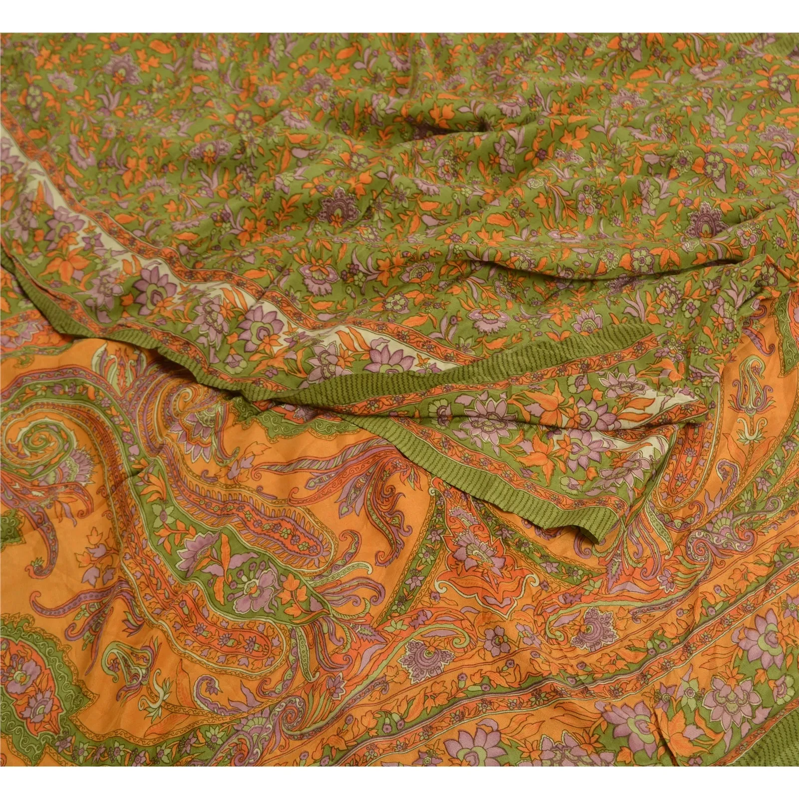 Sanskriti Vintage Sarees Green Pure Crepe Silk Printed Sari Floral Craft Fabric