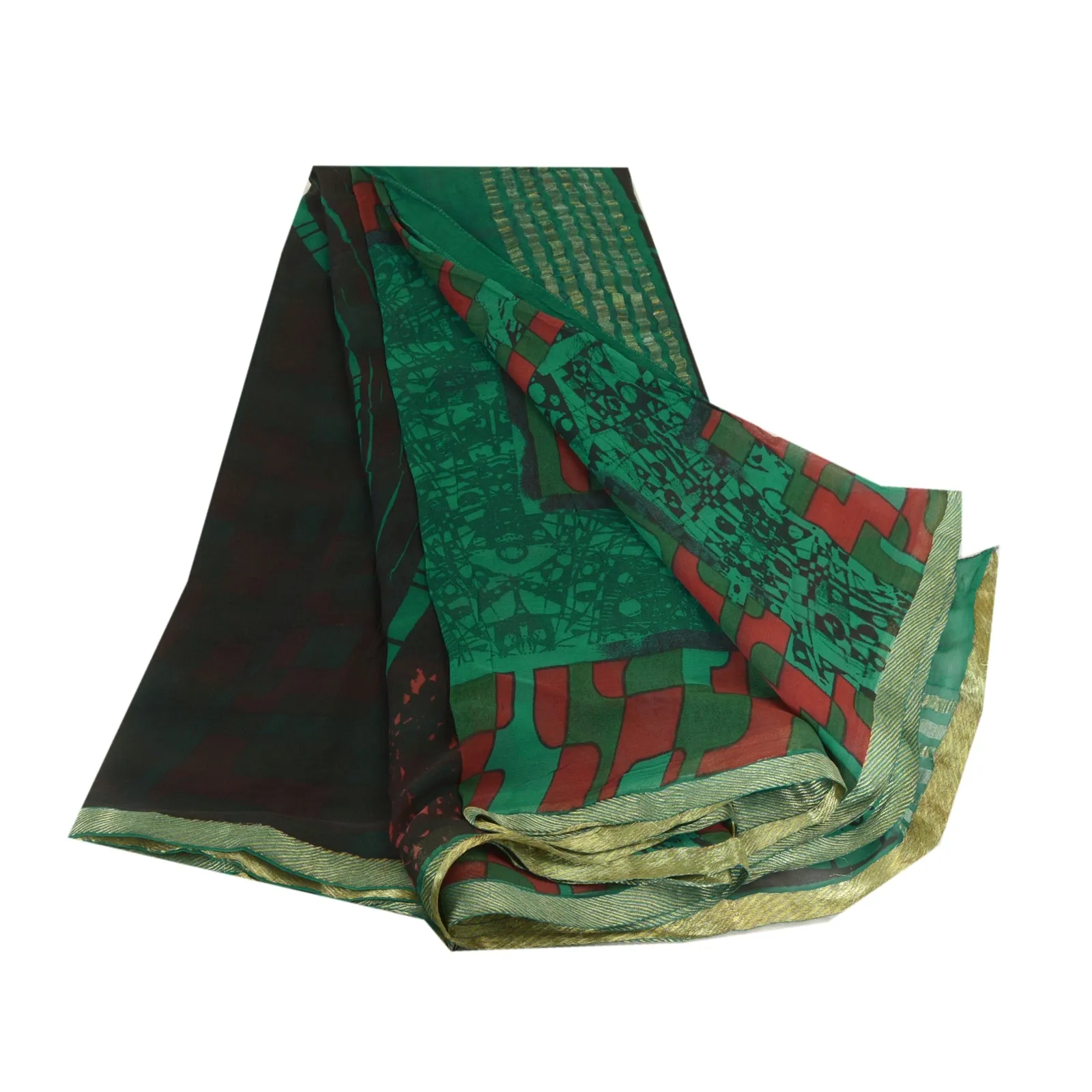 Sanskriti Vintage Sarees Green Pure Georgette Silk Print Zari Woven Sari Fabric