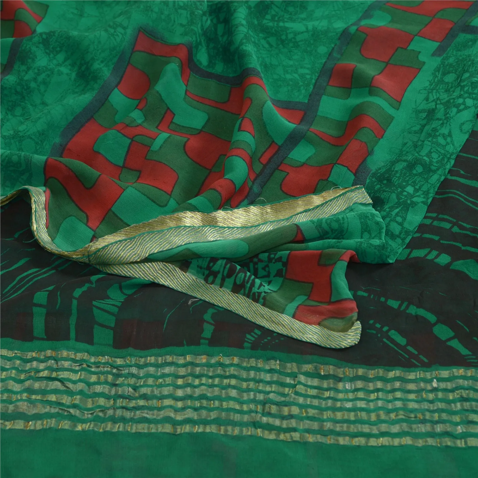 Sanskriti Vintage Sarees Green Pure Georgette Silk Print Zari Woven Sari Fabric