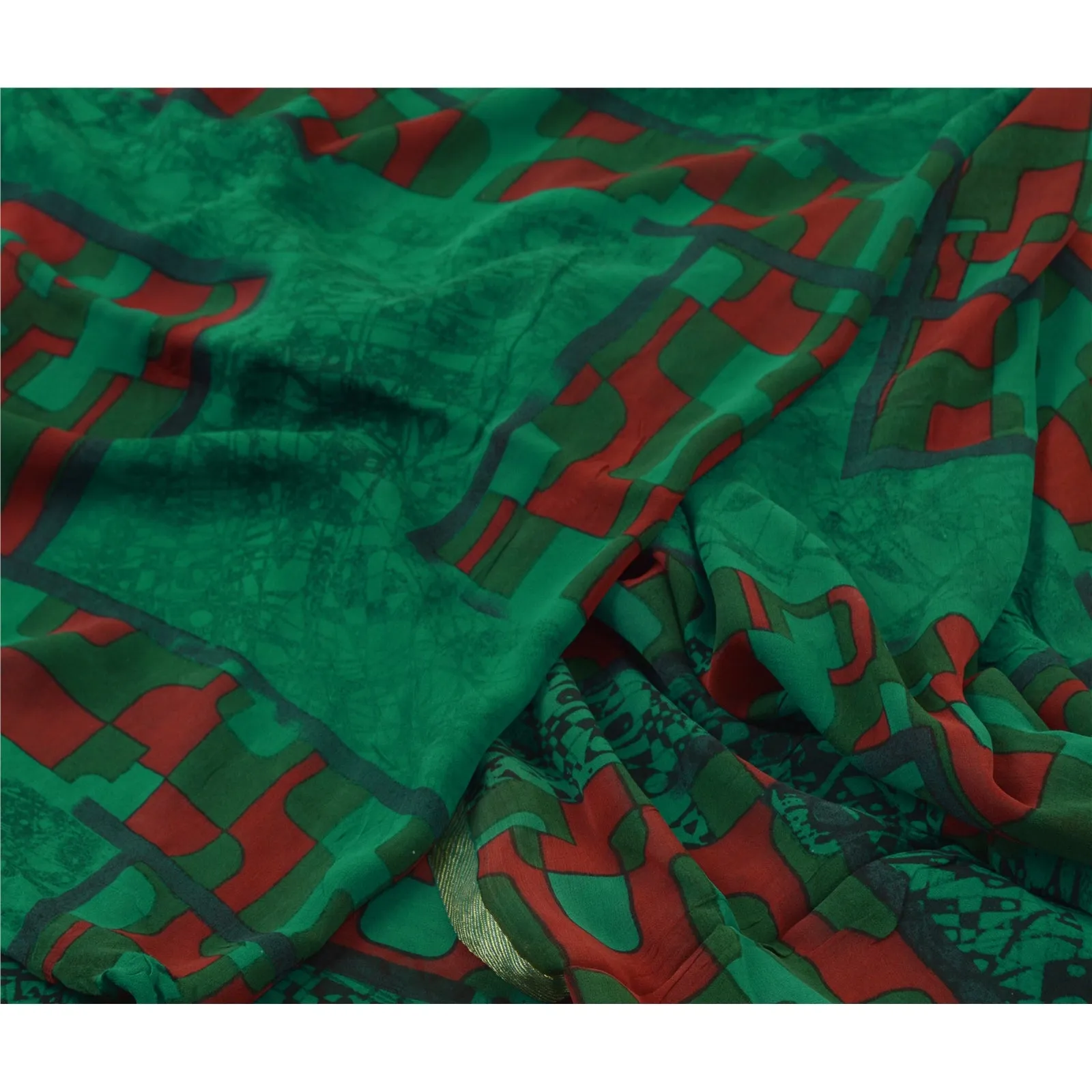 Sanskriti Vintage Sarees Green Pure Georgette Silk Print Zari Woven Sari Fabric