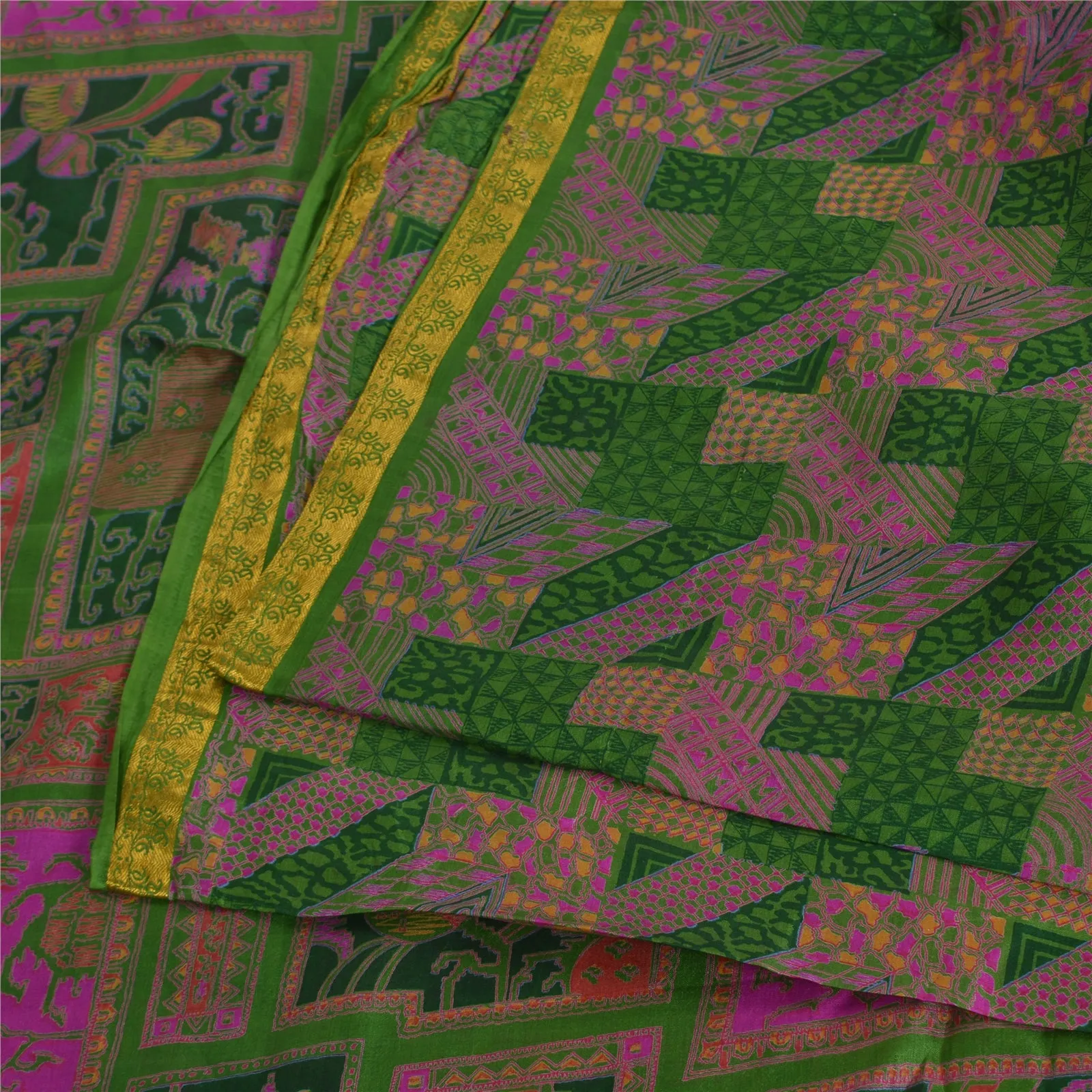 Sanskriti Vintage Sarees Green/Pink Zari Border Pure Silk Print Sari 5yd Fabric