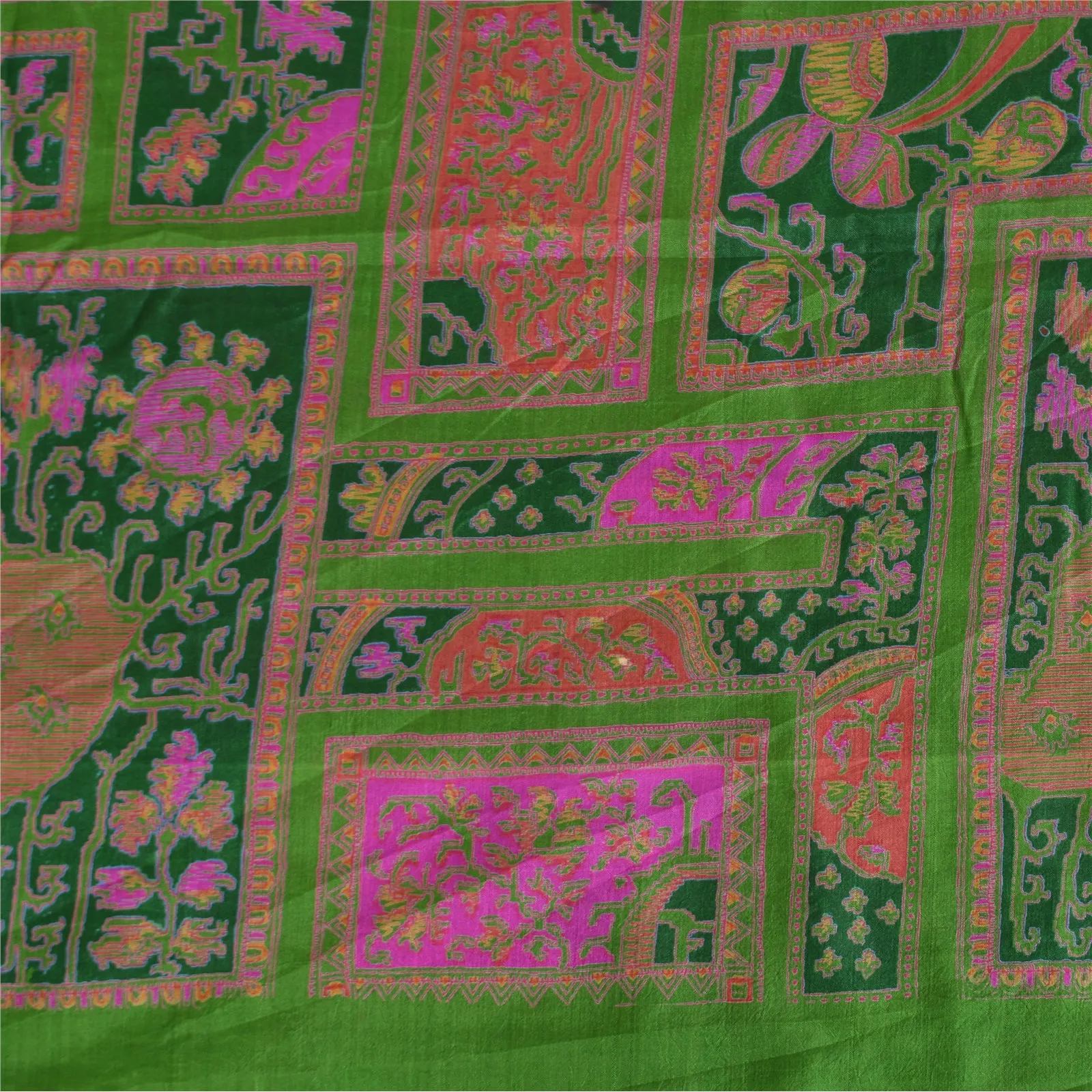 Sanskriti Vintage Sarees Green/Pink Zari Border Pure Silk Print Sari 5yd Fabric